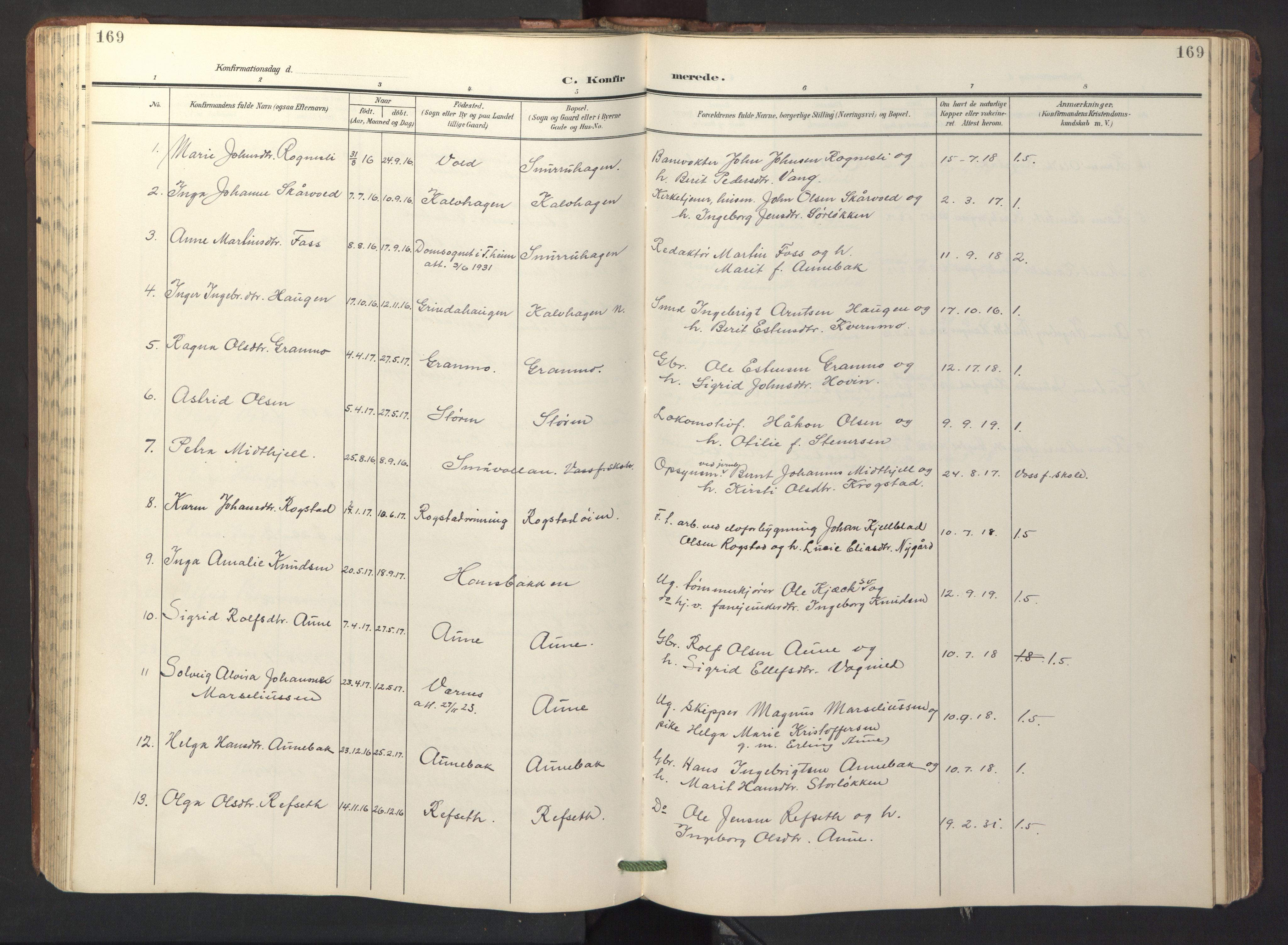 Ministerialprotokoller, klokkerbøker og fødselsregistre - Sør-Trøndelag, SAT/A-1456/687/L1019: Parish register (copy) no. 687C03, 1904-1931, p. 169