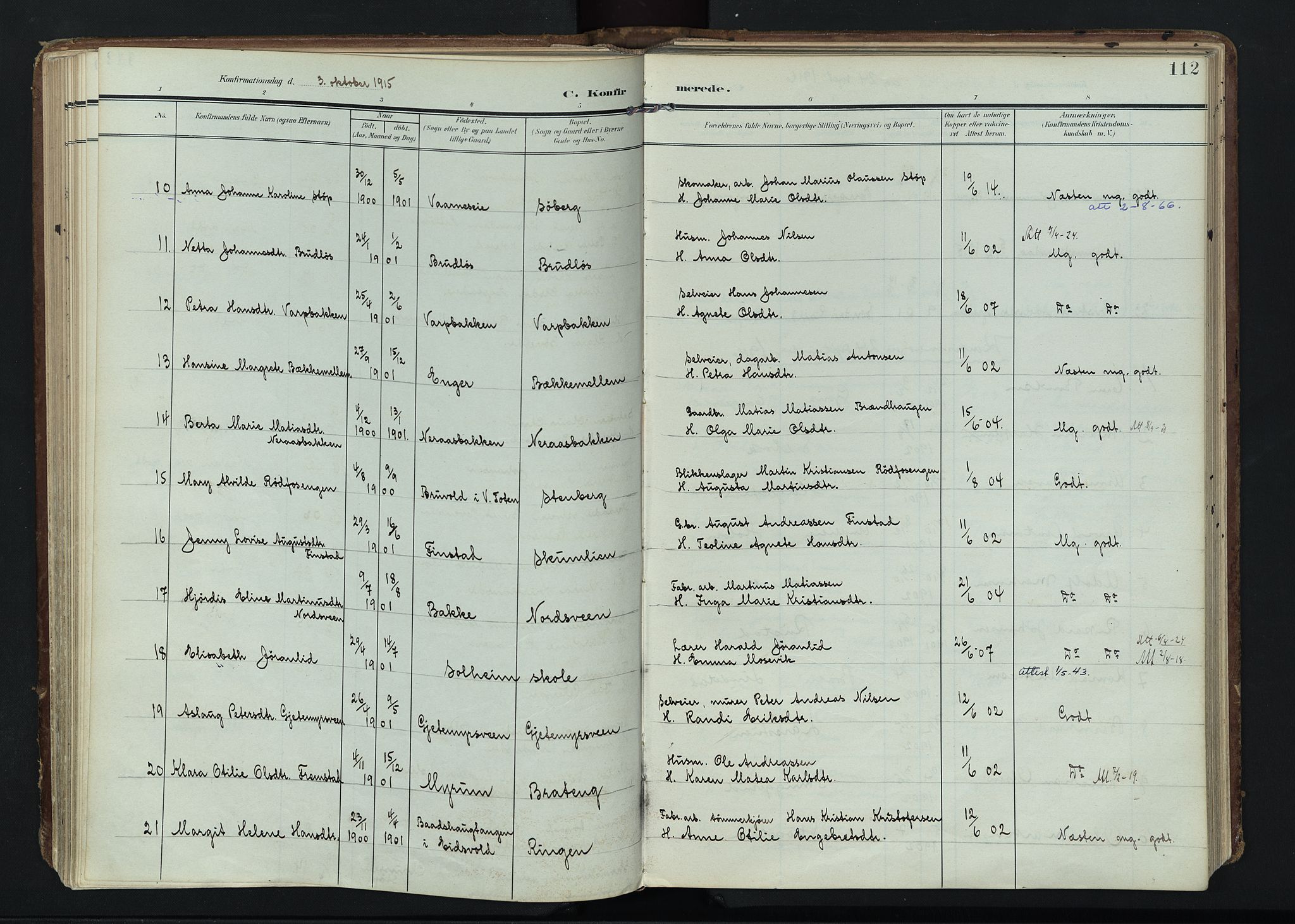 Vardal prestekontor, AV/SAH-PREST-100/H/Ha/Haa/L0020: Parish register (official) no. 20, 1907-1921, p. 112