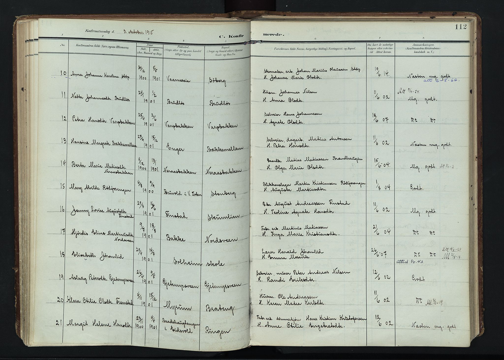 Vardal prestekontor, SAH/PREST-100/H/Ha/Haa/L0020: Parish register (official) no. 20, 1907-1921, p. 112