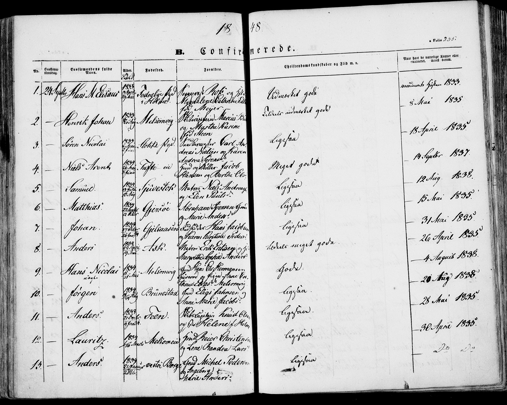 Stokke kirkebøker, AV/SAKO-A-320/F/Fa/L0007: Parish register (official) no. I 7, 1844-1857, p. 235