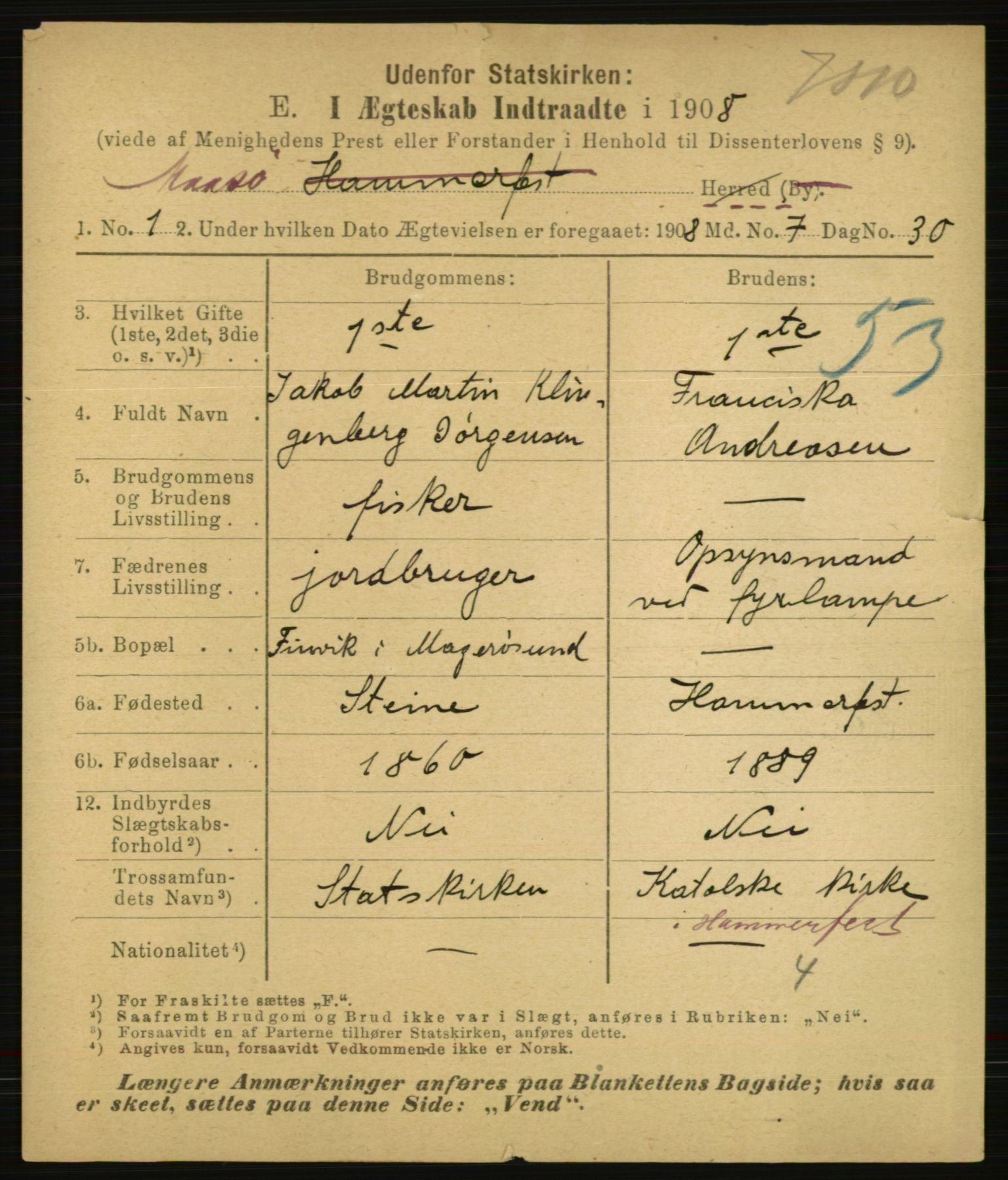 Statistisk sentralbyrå, Sosiodemografiske emner, Befolkning, AV/RA-S-2228/E/L0006: Fødte, gifte, døde dissentere., 1908, p. 2269