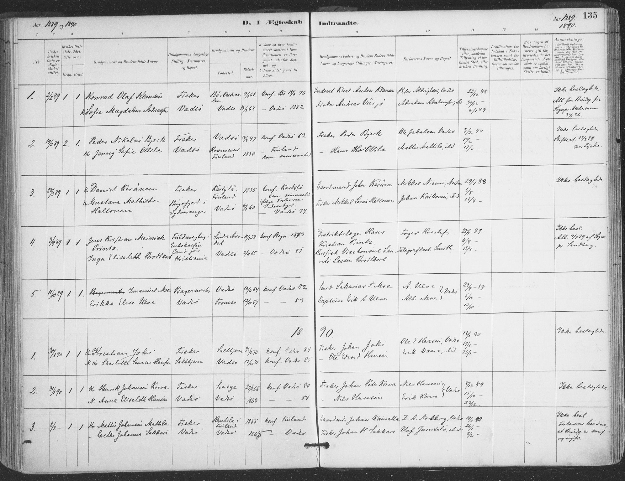 Vadsø sokneprestkontor, SATØ/S-1325/H/Ha/L0006kirke: Parish register (official) no. 6, 1885-1895, p. 135