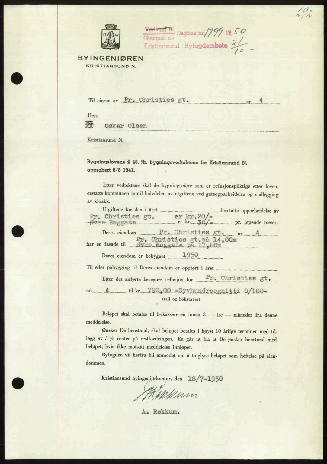 Kristiansund byfogd, AV/SAT-A-4587/A/27: Mortgage book no. 50, 1950-1950, Diary no: : 1799/1950