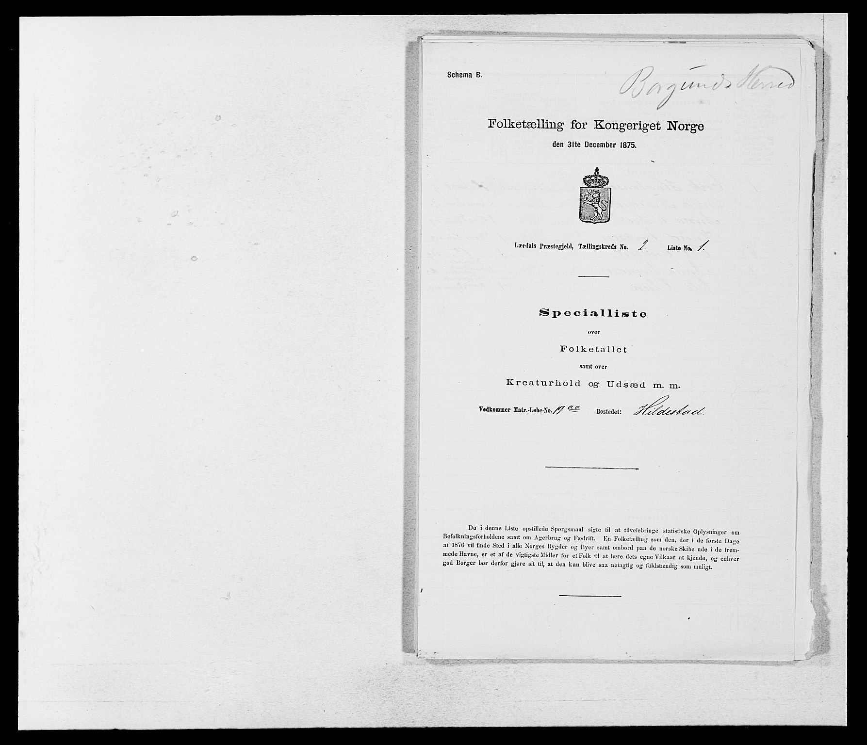 SAB, 1875 census for 1422P Lærdal, 1875, p. 1001