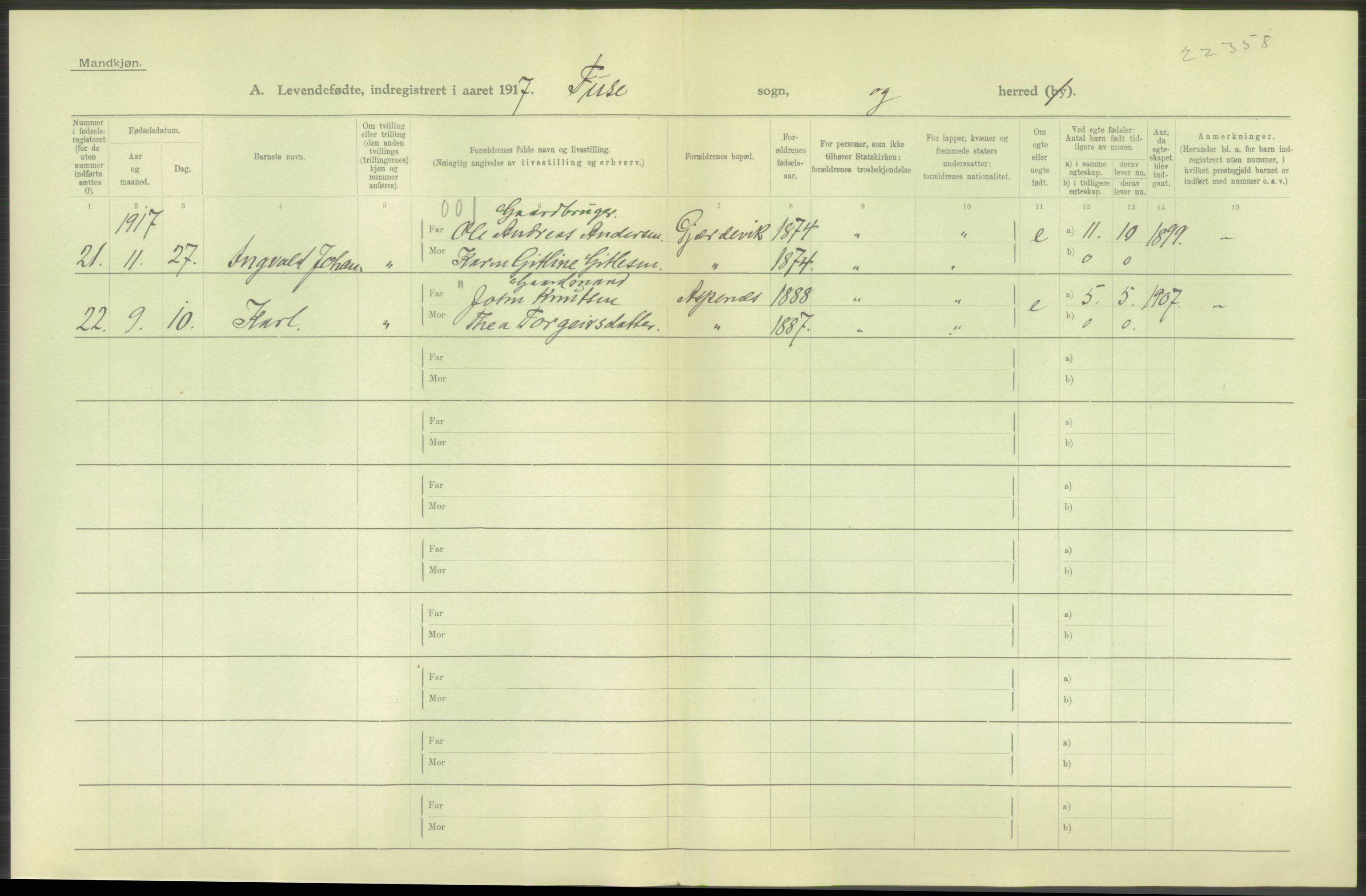 Statistisk sentralbyrå, Sosiodemografiske emner, Befolkning, AV/RA-S-2228/D/Df/Dfb/Dfbg/L0034: S. Bergenhus amt: Levendefødte menn og kvinner. Bygder., 1917, p. 530