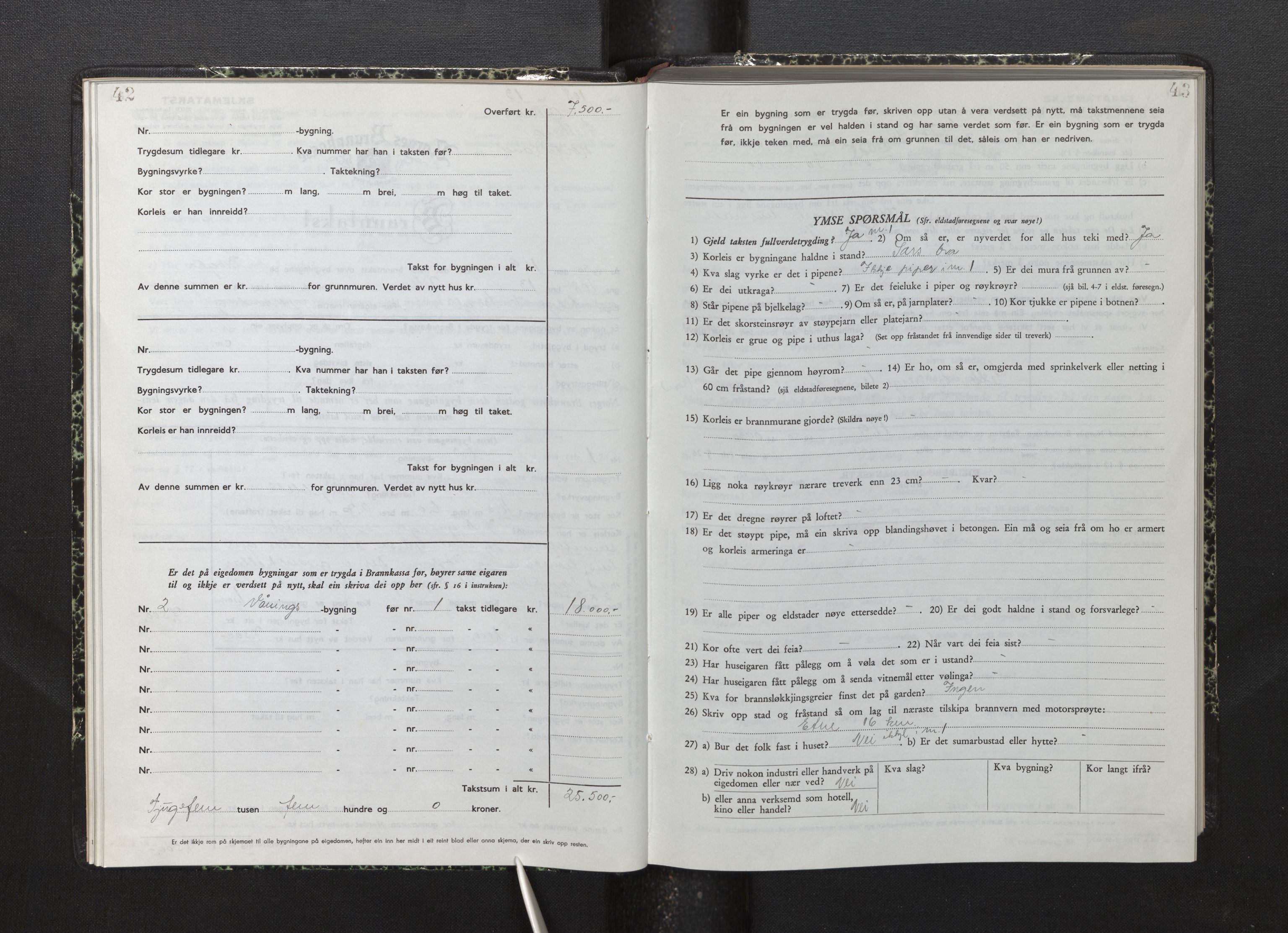 Lensmannen i Fjelberg, AV/SAB-A-32101/0012/L0008: Branntakstprotokoll, skjematakst, 1949-1955, p. 42-43