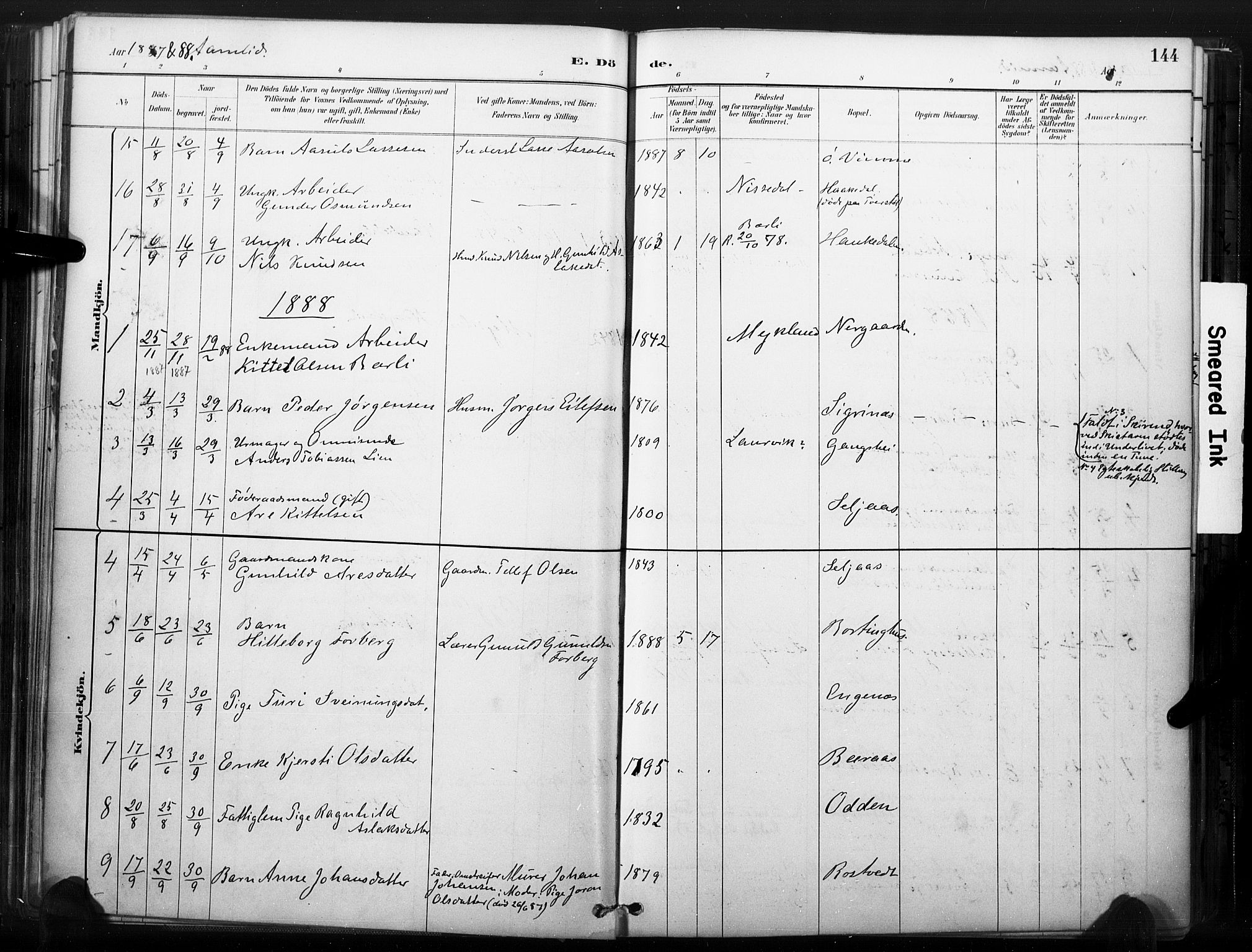 Åmli sokneprestkontor, SAK/1111-0050/F/Fa/Fac/L0010: Parish register (official) no. A 10 /1, 1885-1899, p. 144