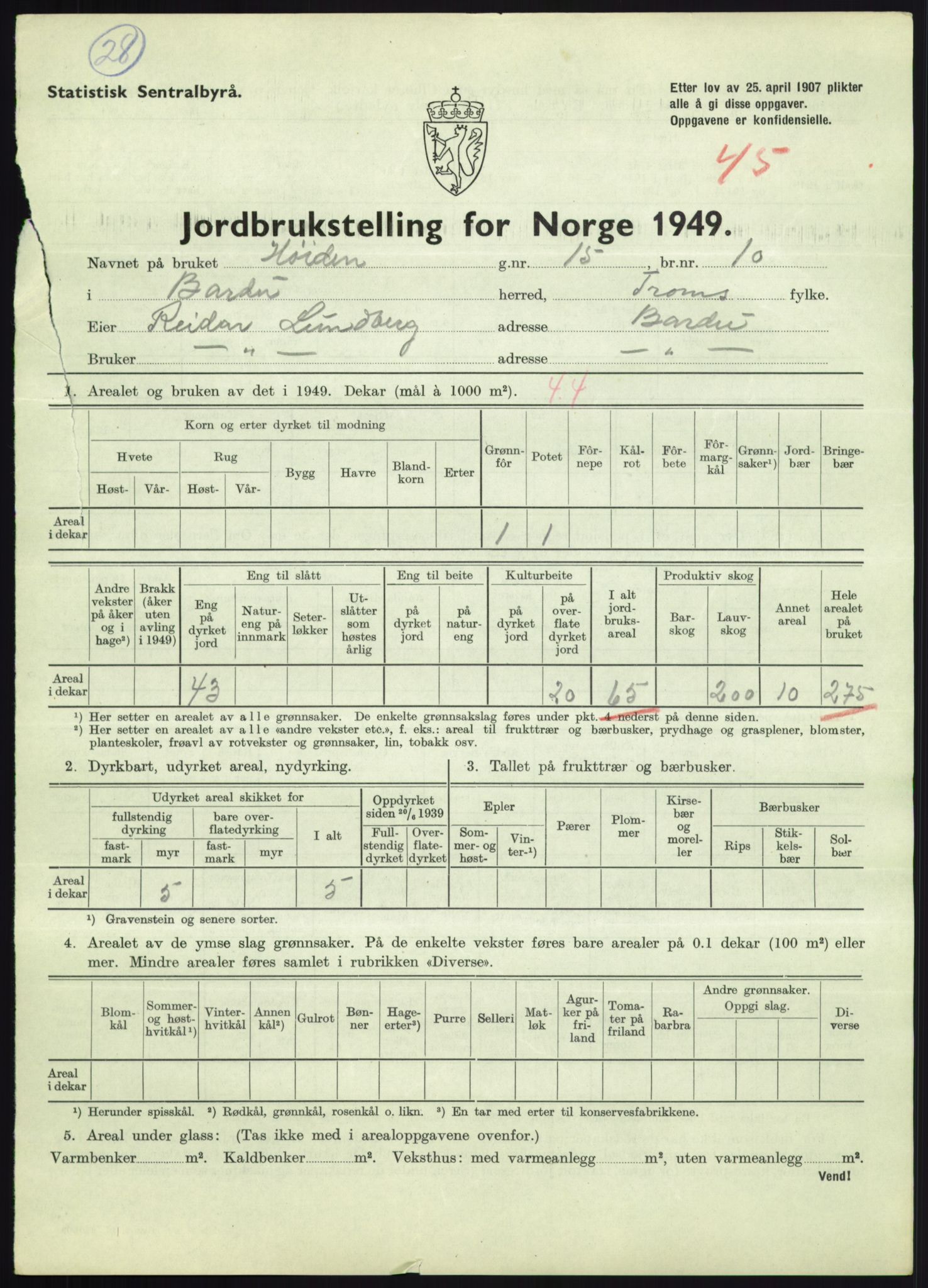 Statistisk sentralbyrå, Næringsøkonomiske emner, Jordbruk, skogbruk, jakt, fiske og fangst, AV/RA-S-2234/G/Gc/L0438: Troms: Salangen og Bardu, 1949, p. 1469