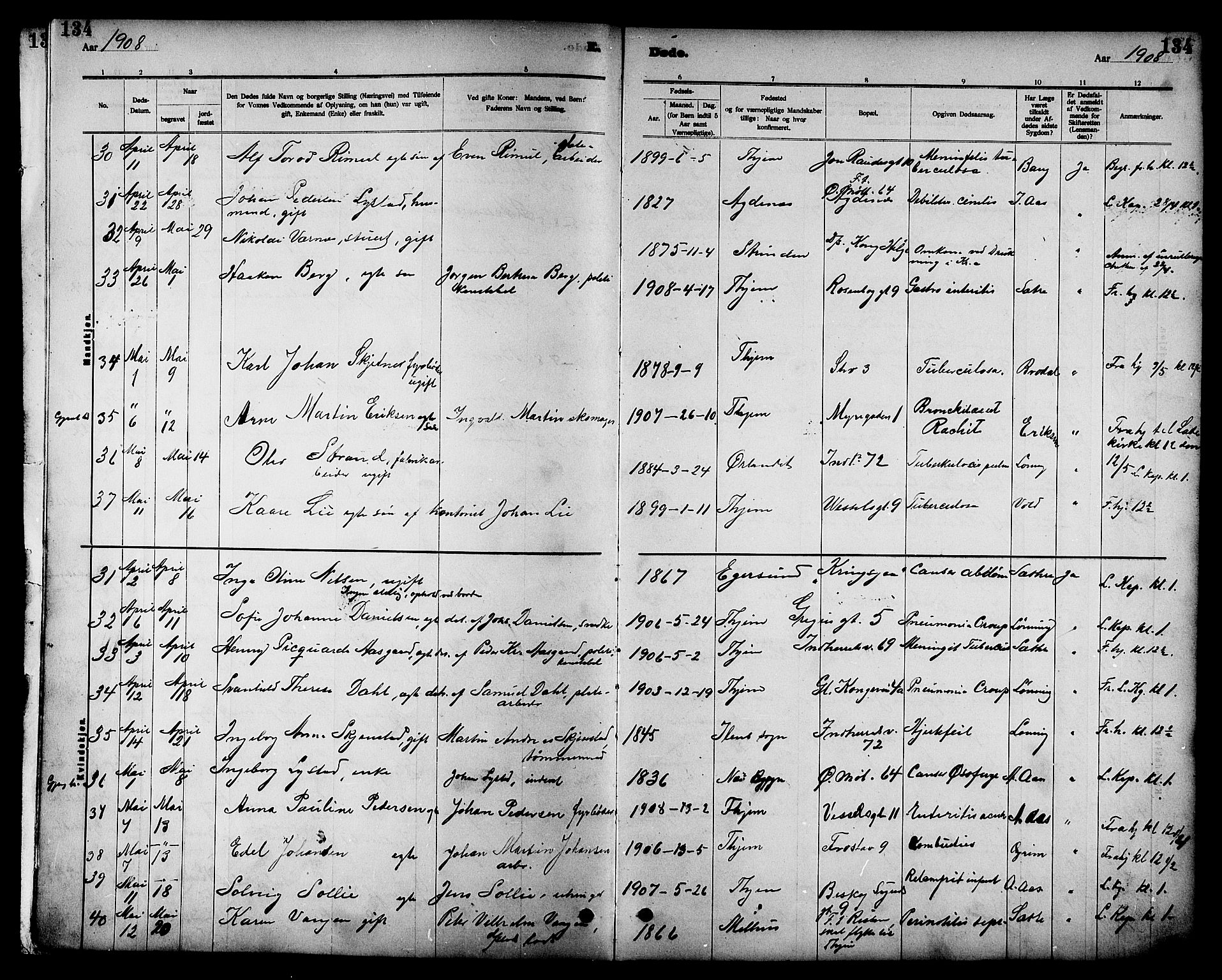 Ministerialprotokoller, klokkerbøker og fødselsregistre - Sør-Trøndelag, AV/SAT-A-1456/605/L0255: Parish register (copy) no. 605C02, 1908-1918, p. 134