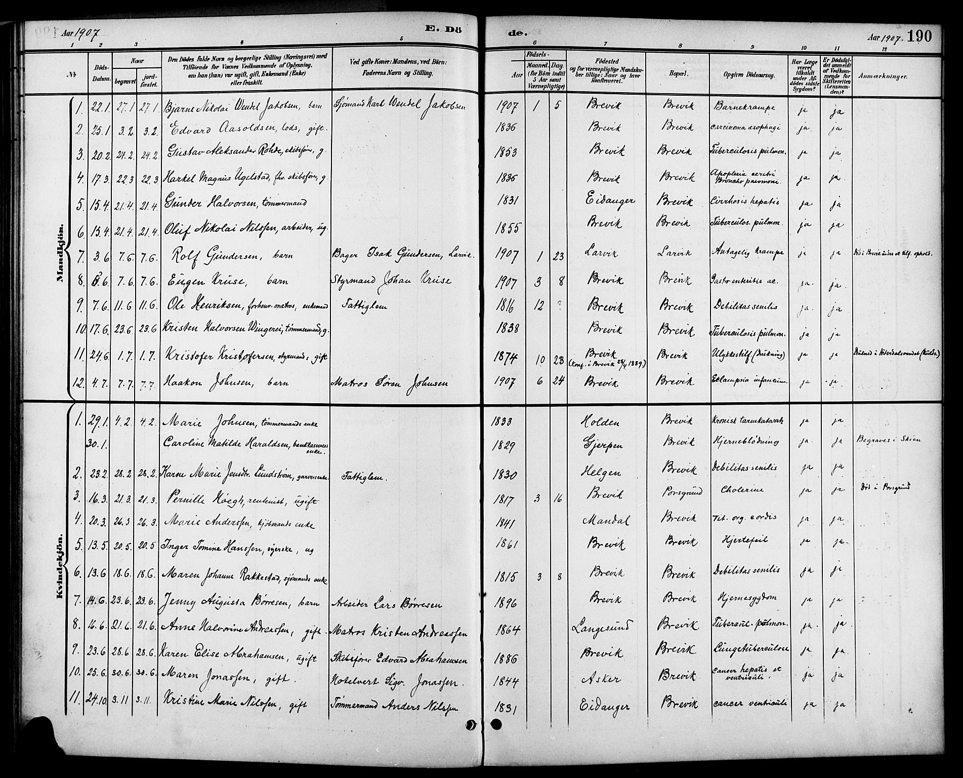 Brevik kirkebøker, SAKO/A-255/G/Ga/L0005: Parish register (copy) no. 5, 1901-1924, p. 190