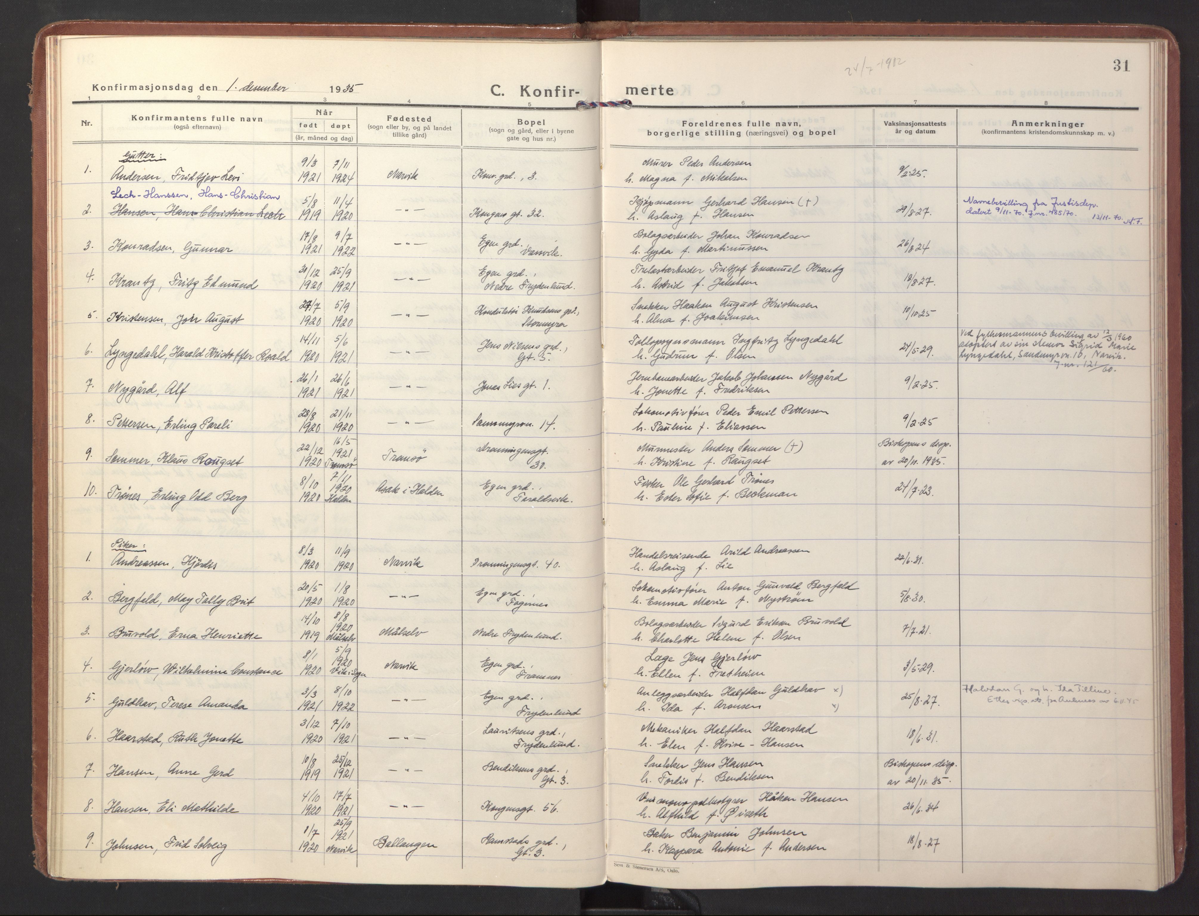 Ministerialprotokoller, klokkerbøker og fødselsregistre - Nordland, SAT/A-1459/871/L1007: Parish register (official) no. 871A23, 1932-1942, p. 31