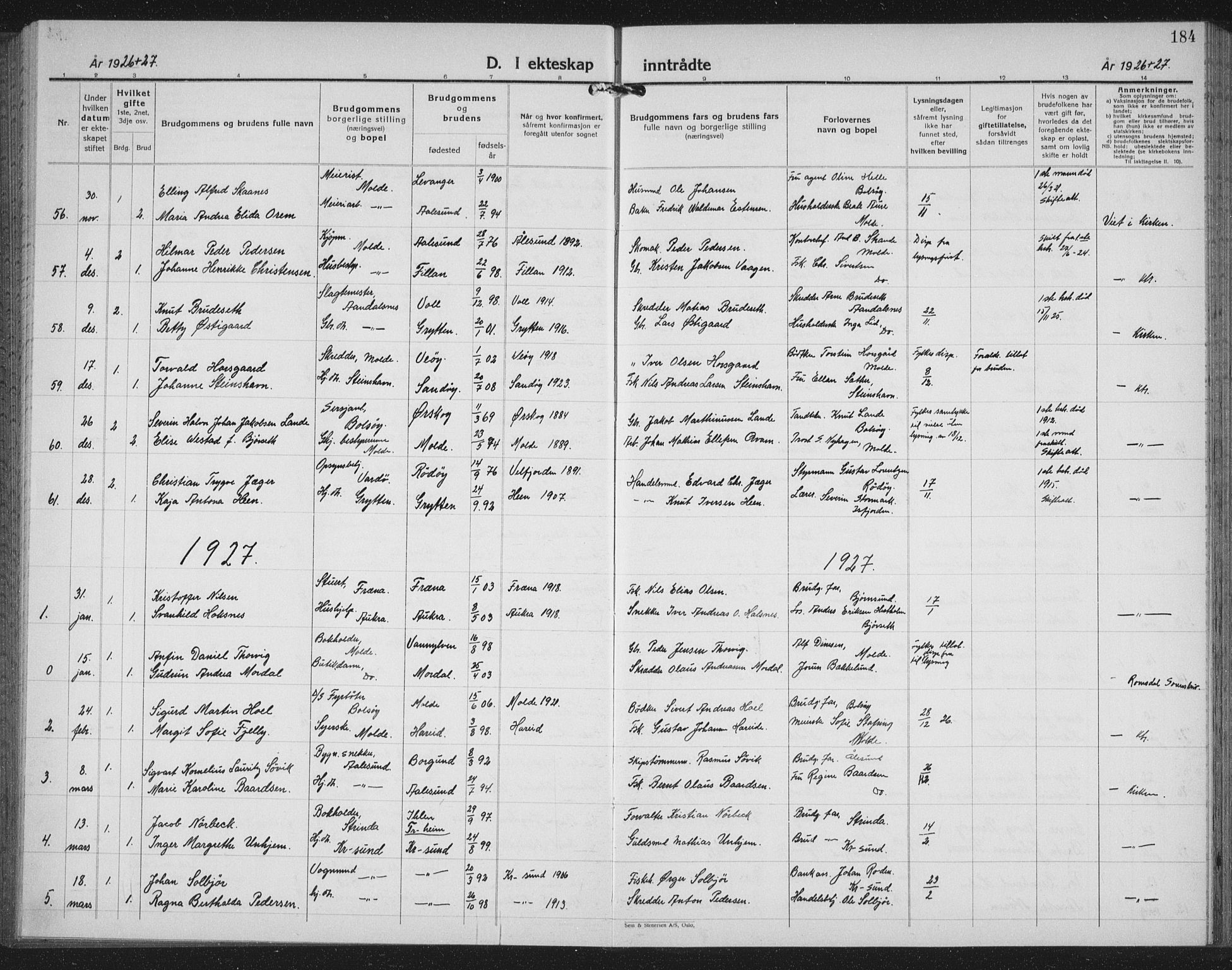 Ministerialprotokoller, klokkerbøker og fødselsregistre - Møre og Romsdal, SAT/A-1454/558/L0704: Parish register (copy) no. 558C05, 1921-1942, p. 184