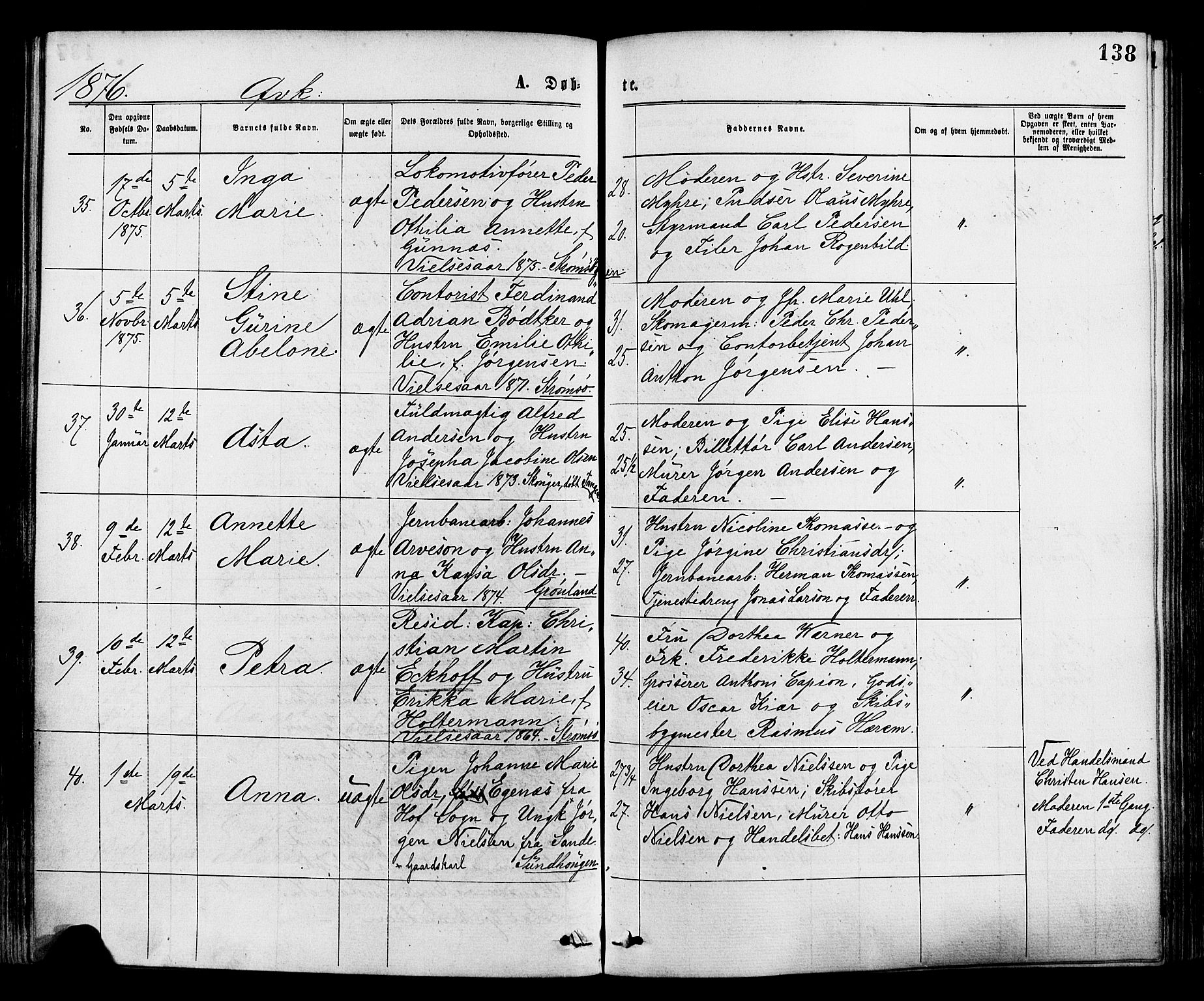 Strømsø kirkebøker, AV/SAKO-A-246/F/Fa/L0019: Parish register (official) no. I 19, 1874-1877, p. 138