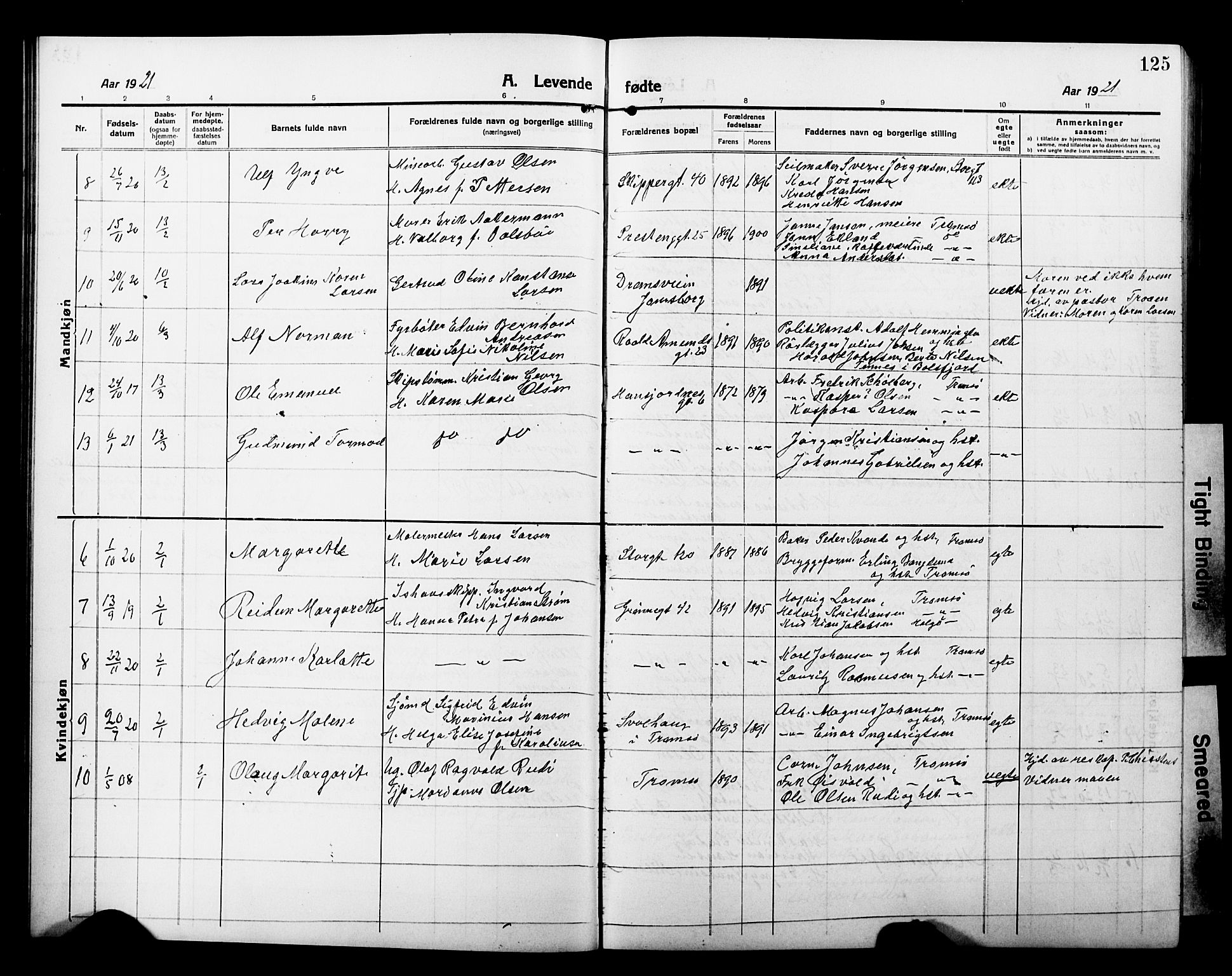 Tromsø sokneprestkontor/stiftsprosti/domprosti, SATØ/S-1343/G/Gb/L0009klokker: Parish register (copy) no. 9, 1915-1925, p. 125