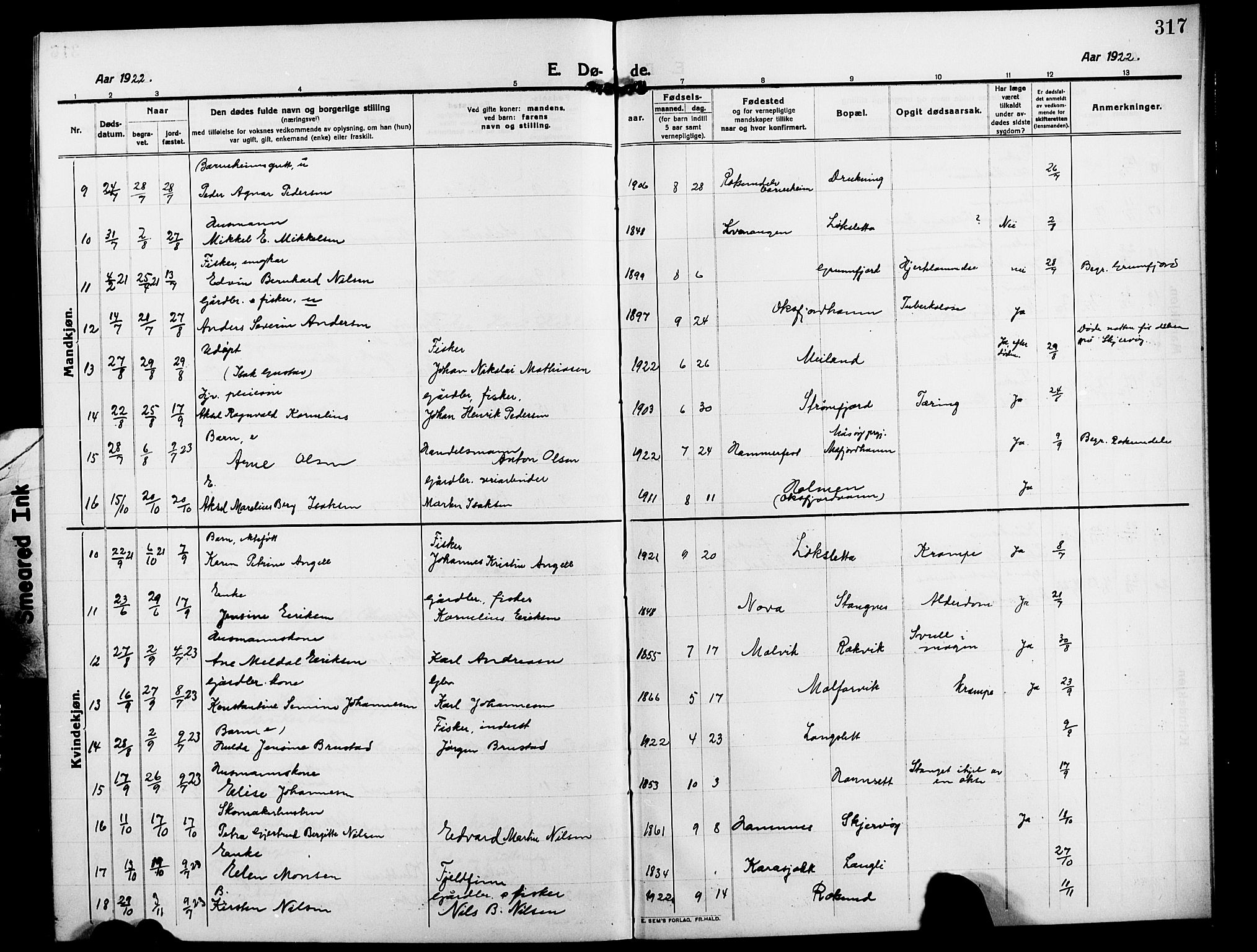 Skjervøy sokneprestkontor, AV/SATØ-S-1300/H/Ha/Hab/L0009klokker: Parish register (copy) no. 9, 1911-1926, p. 317