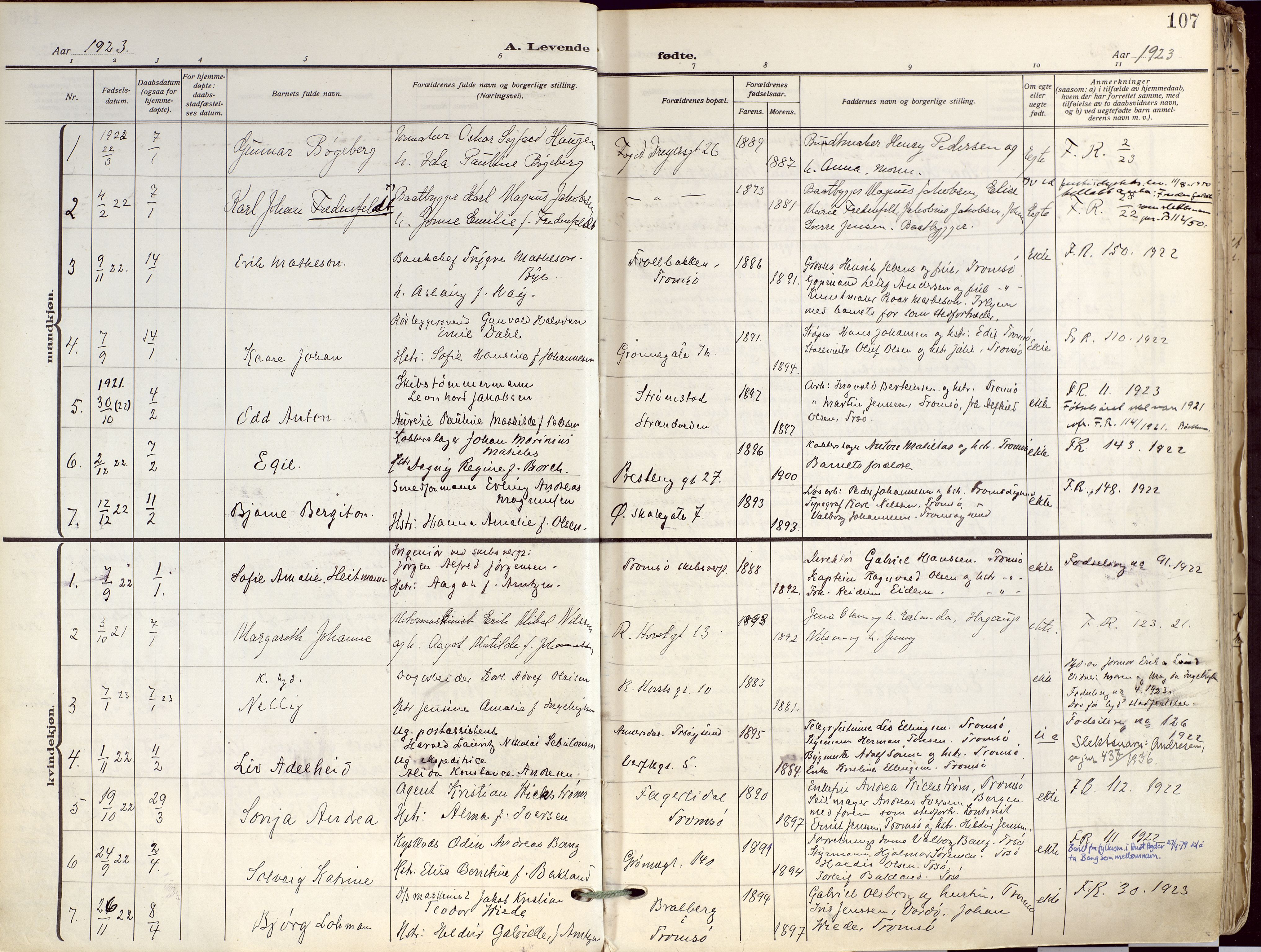 Tromsø sokneprestkontor/stiftsprosti/domprosti, AV/SATØ-S-1343/G/Ga/L0019kirke: Parish register (official) no. 19, 1917-1927, p. 107