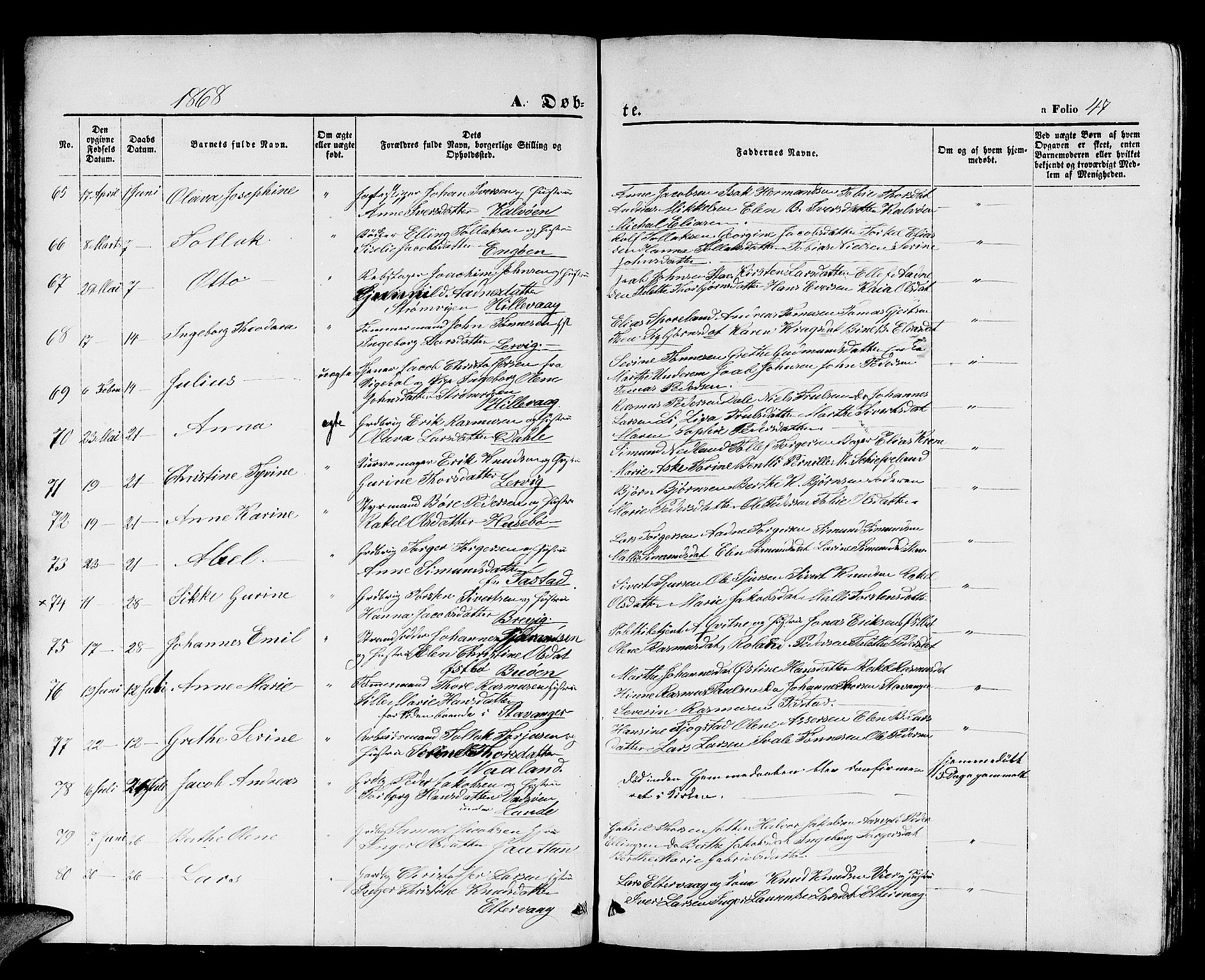 Hetland sokneprestkontor, AV/SAST-A-101826/30/30BB/L0003: Parish register (copy) no. B 3, 1863-1877, p. 47