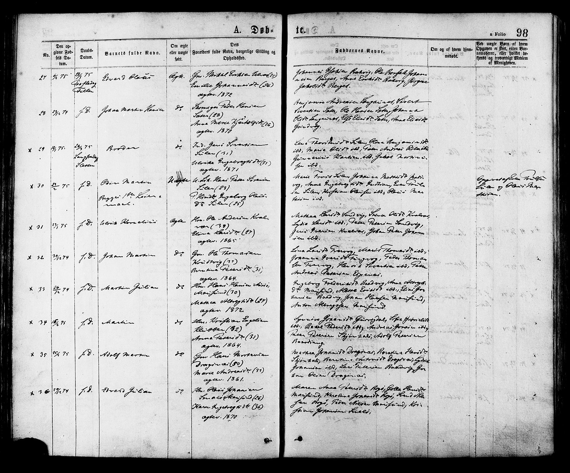 Ministerialprotokoller, klokkerbøker og fødselsregistre - Sør-Trøndelag, AV/SAT-A-1456/634/L0532: Parish register (official) no. 634A08, 1871-1881, p. 98