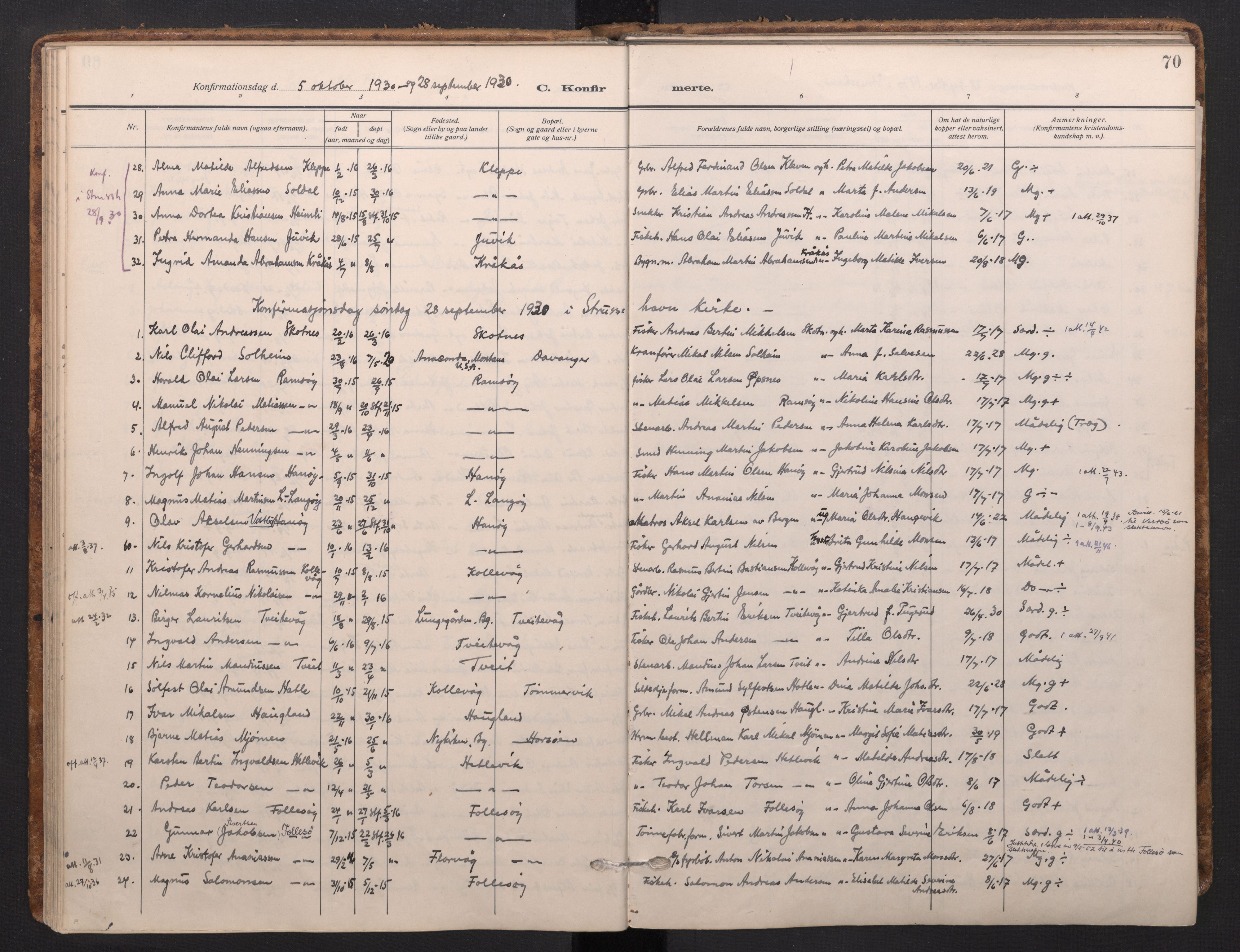 Askøy Sokneprestembete, AV/SAB-A-74101/H/Ha/Haa/Haad/L0002: Parish register (official) no. D 2, 1915-1935, p. 70