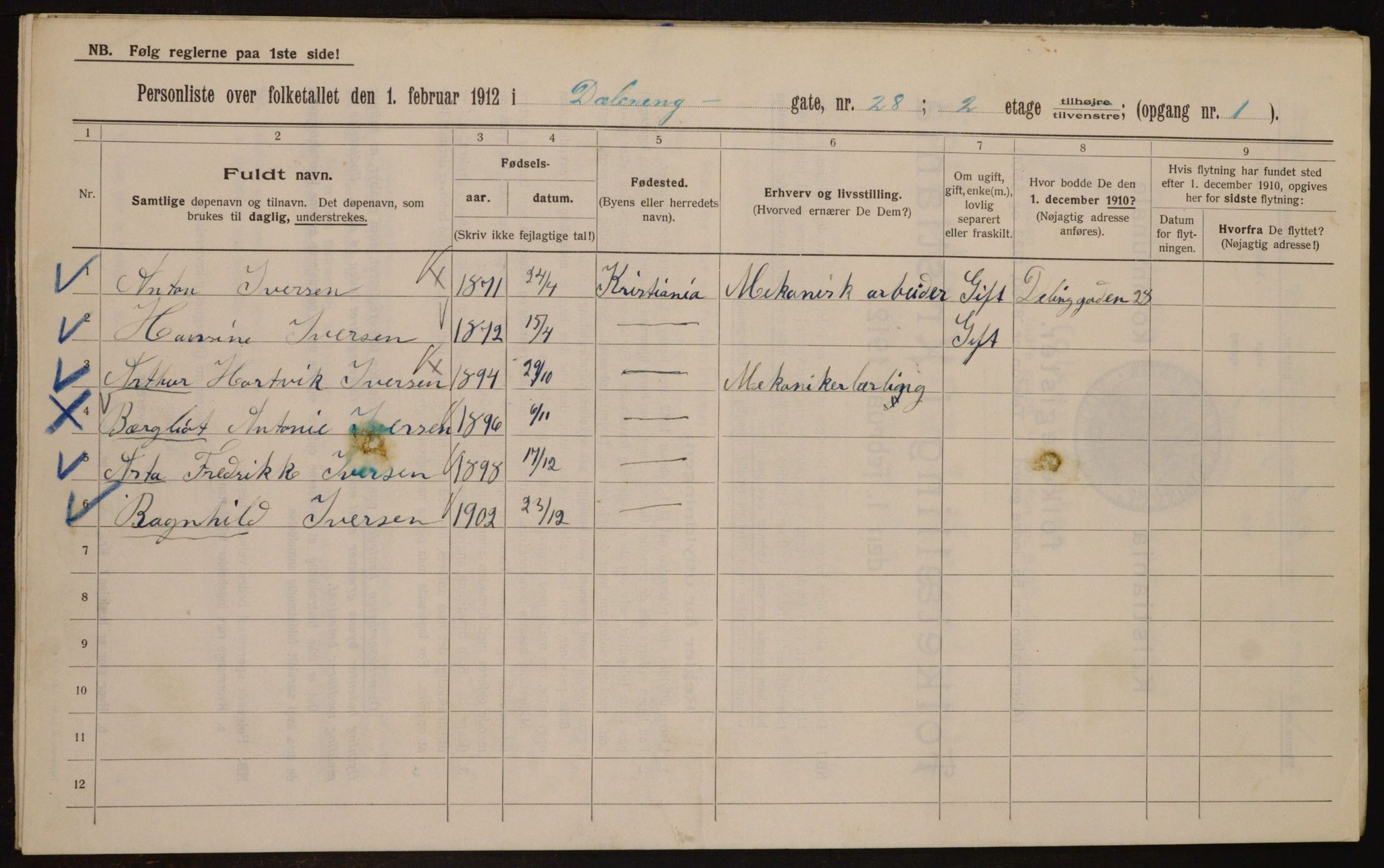 OBA, Municipal Census 1912 for Kristiania, 1912, p. 17476