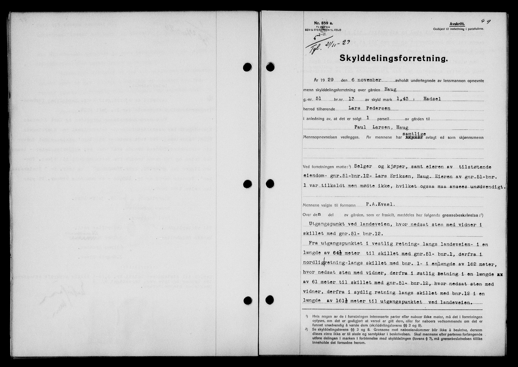 Vesterålen sorenskriveri, SAT/A-4180/1/2/2Ca/L0050: Mortgage book no. 43, 1929-1930, Deed date: 21.11.1929