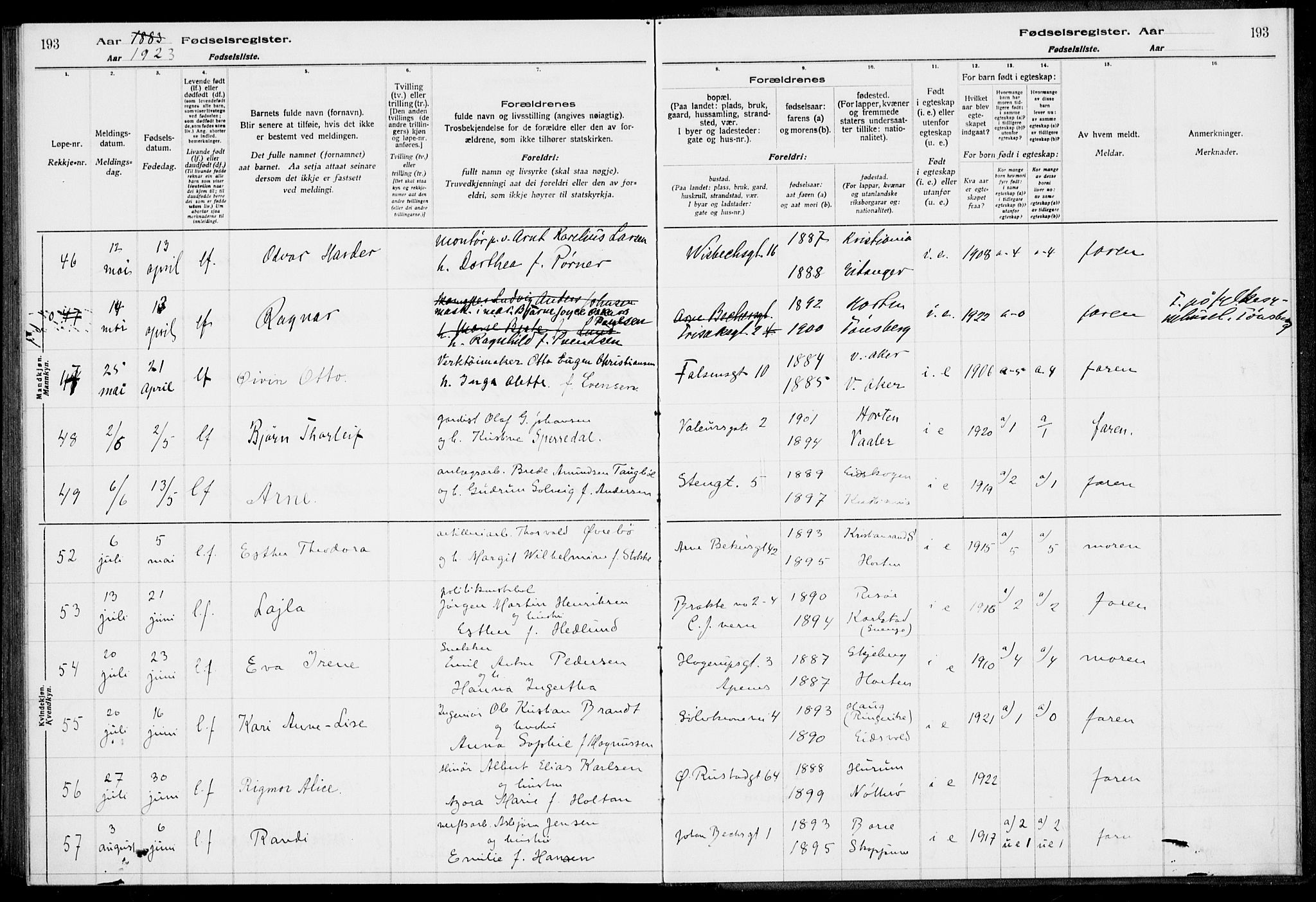 Horten kirkebøker, AV/SAKO-A-348/J/Ja/L0001: Birth register no. 1, 1916-1923, p. 193