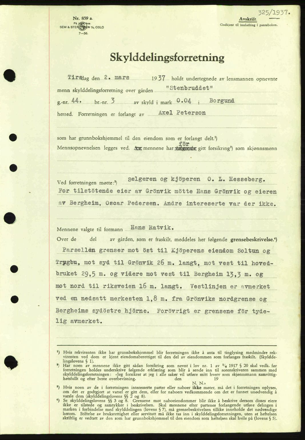 Nordre Sunnmøre sorenskriveri, AV/SAT-A-0006/1/2/2C/2Ca: Mortgage book no. A2, 1936-1937, Diary no: : 325/1937