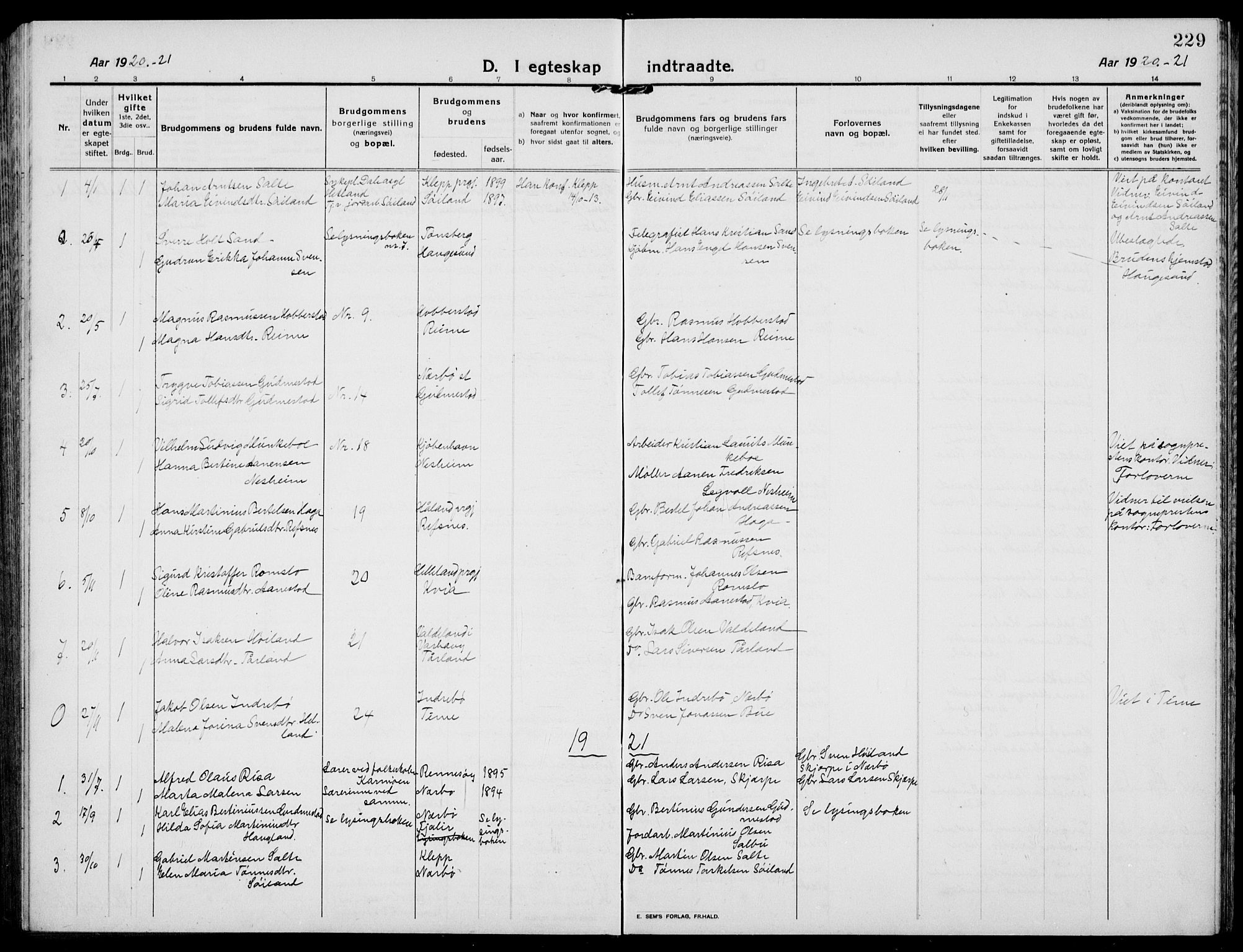 Hå sokneprestkontor, SAST/A-101801/001/30BB/L0007: Parish register (copy) no. B 7, 1912-1939, p. 229