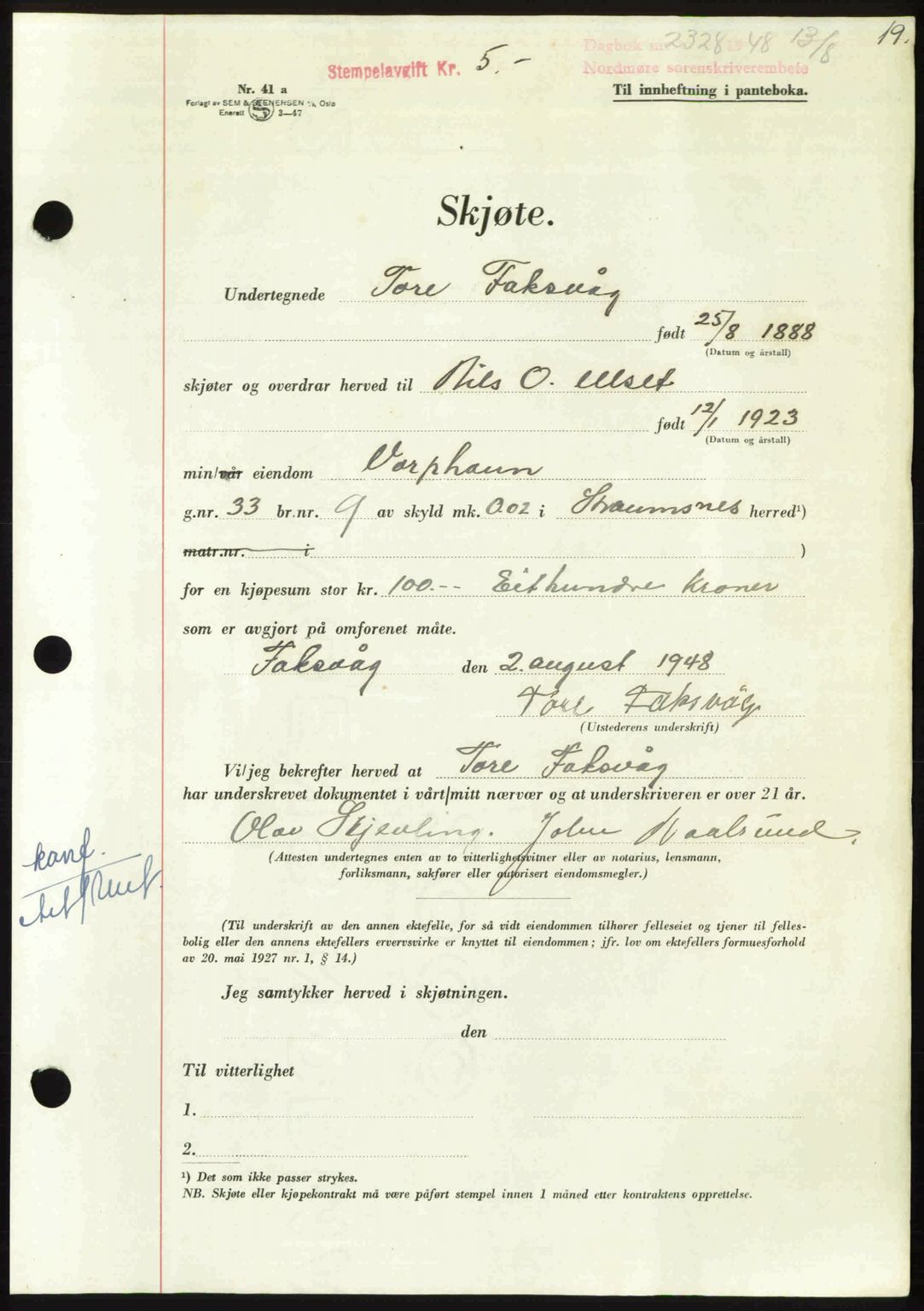 Nordmøre sorenskriveri, AV/SAT-A-4132/1/2/2Ca: Mortgage book no. A109, 1948-1948, Diary no: : 2328/1948