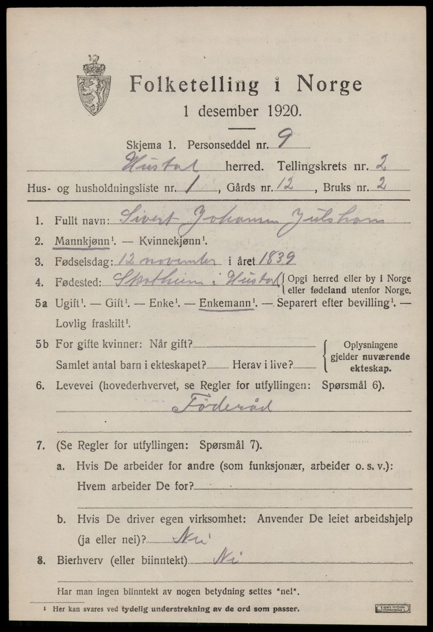 SAT, 1920 census for Hustad, 1920, p. 1535