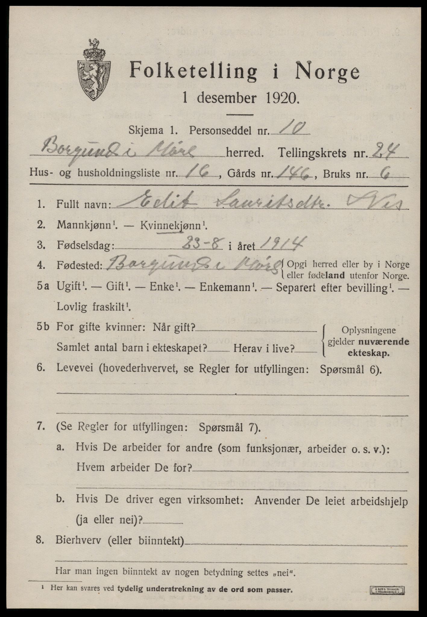 SAT, 1920 census for Borgund, 1920, p. 16790