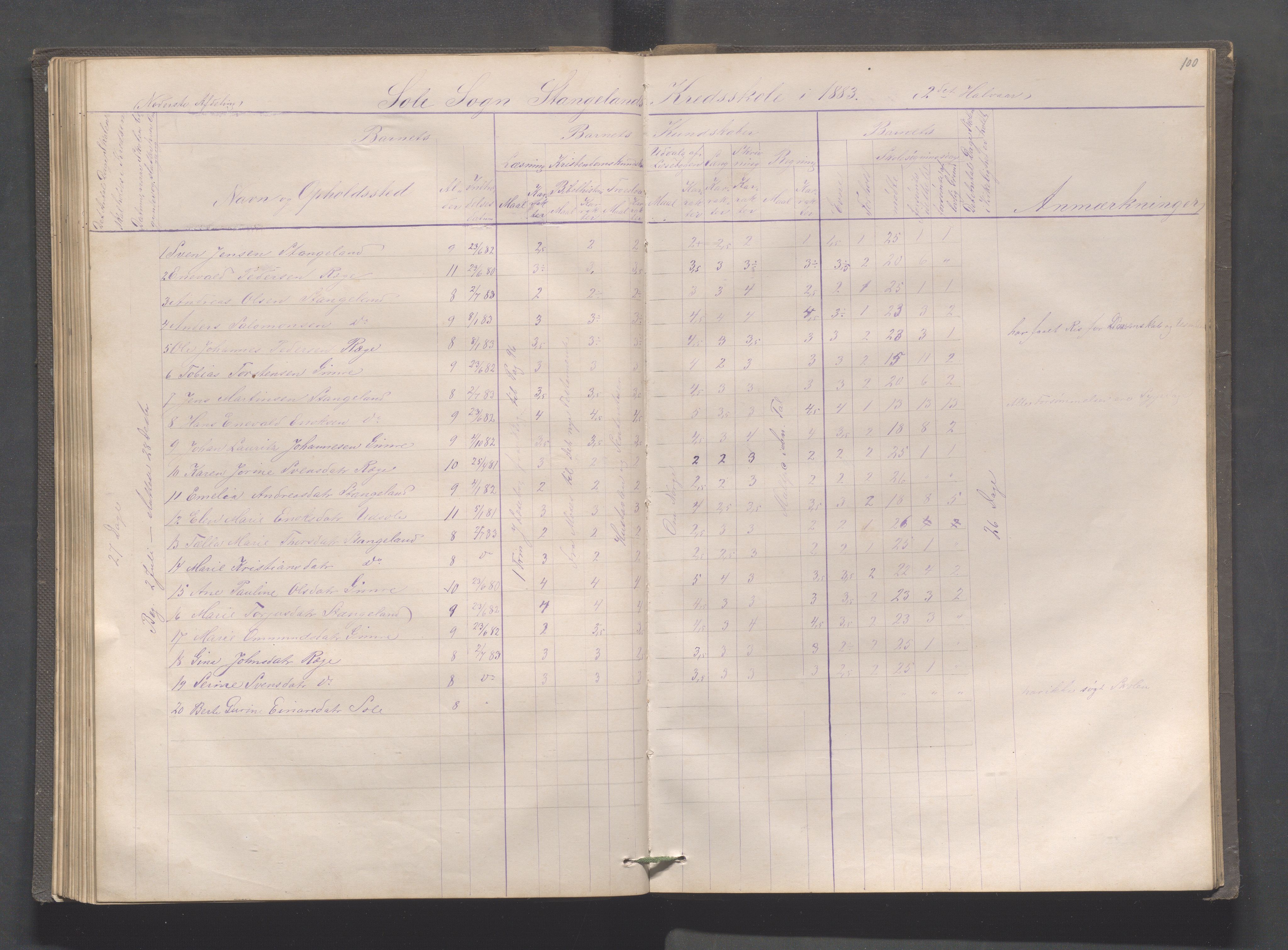 Håland kommune - Røyneberg skole, IKAR/A-1227/H/L0001: Skoleprotokoll - Røyneberg, Stangeland, 1871-1886, p. 100