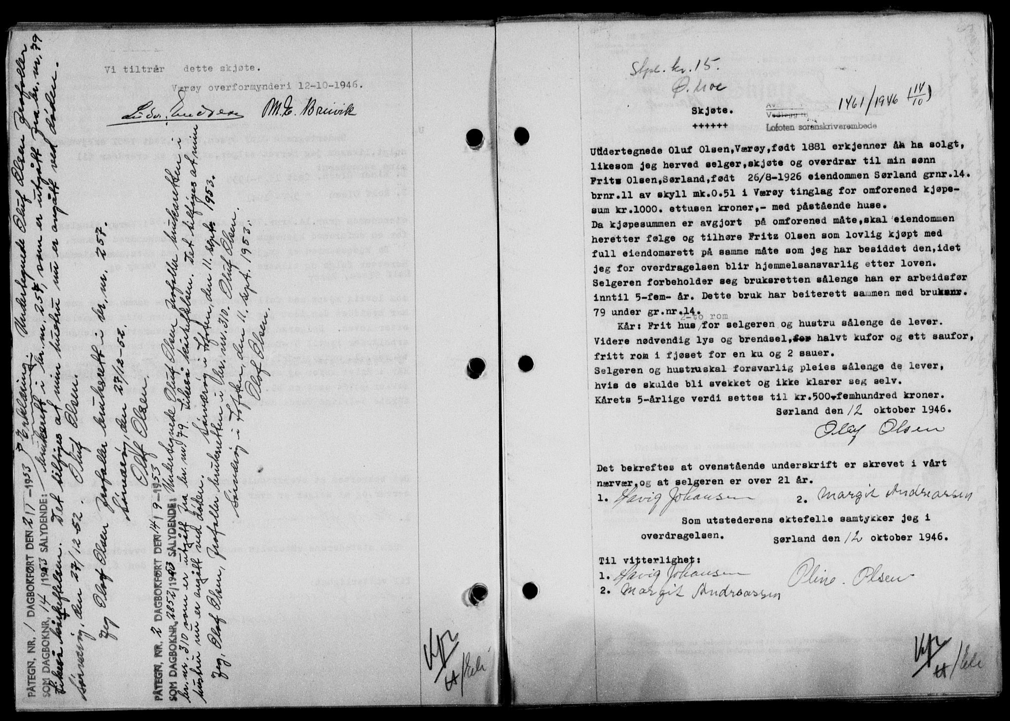 Lofoten sorenskriveri, SAT/A-0017/1/2/2C/L0014a: Mortgage book no. 14a, 1946-1946, Diary no: : 1461/1946