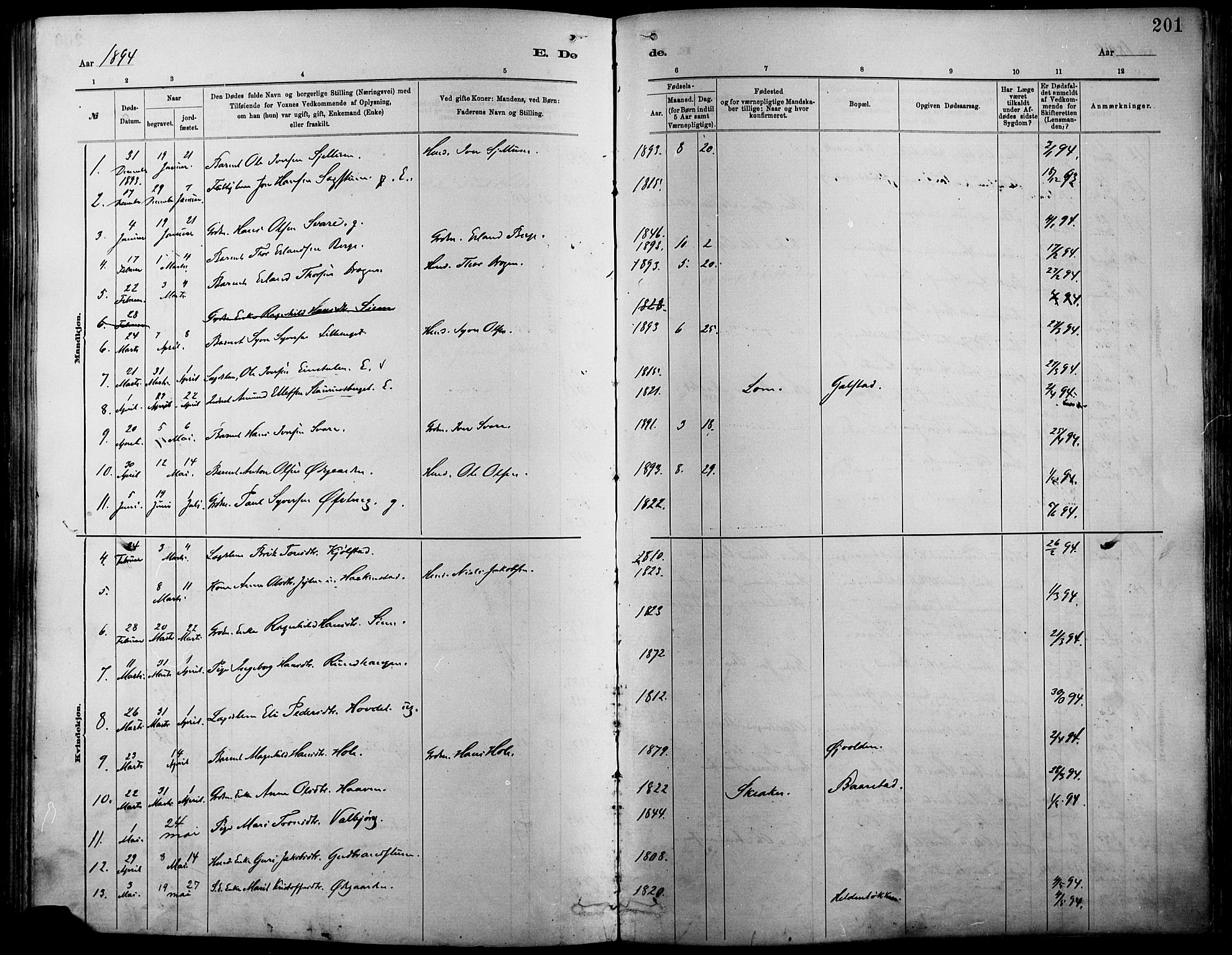 Vågå prestekontor, AV/SAH-PREST-076/H/Ha/Haa/L0009: Parish register (official) no. 9, 1886-1904, p. 201