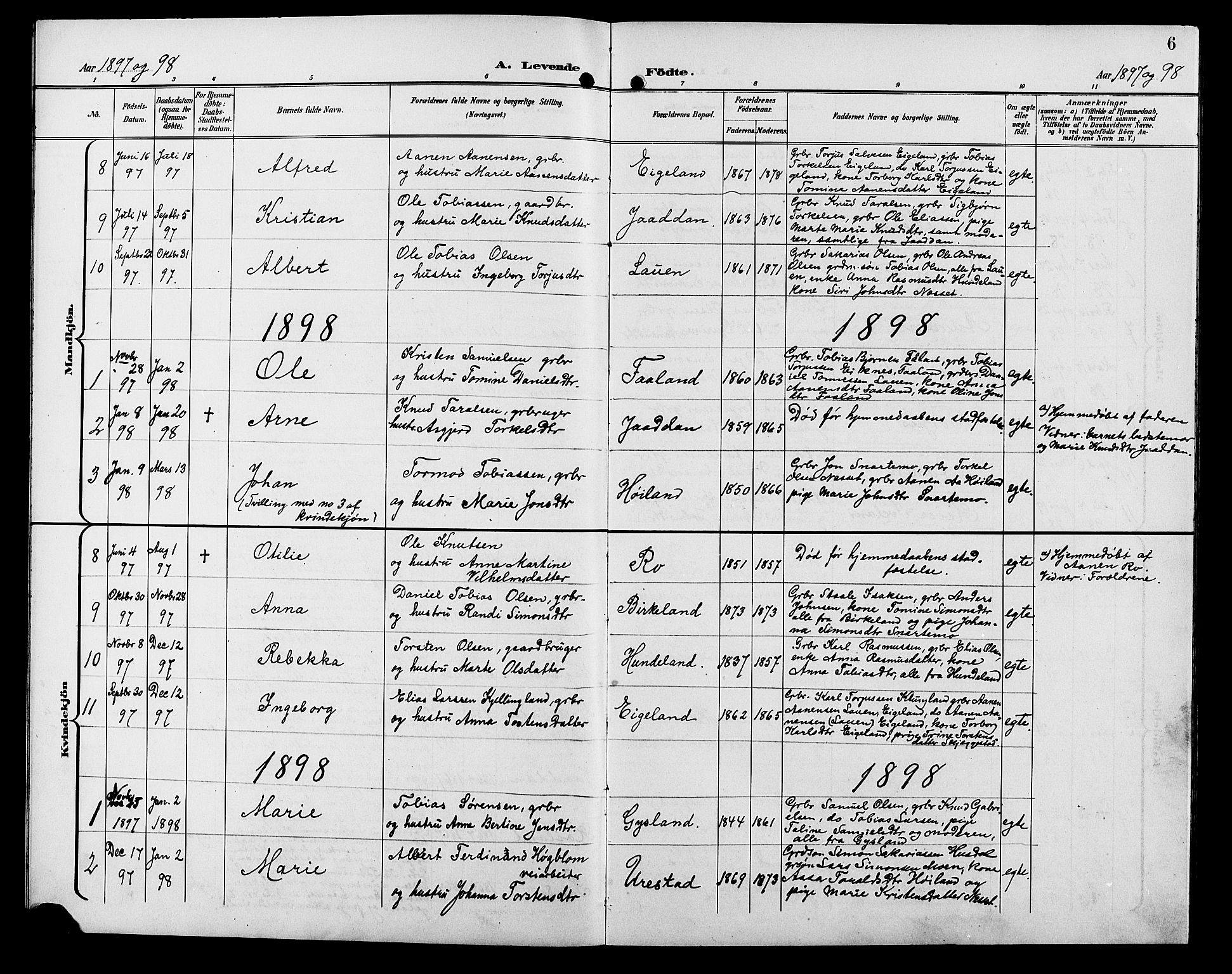 Hægebostad sokneprestkontor, AV/SAK-1111-0024/F/Fb/Fba/L0004: Parish register (copy) no. B 4, 1897-1907, p. 6