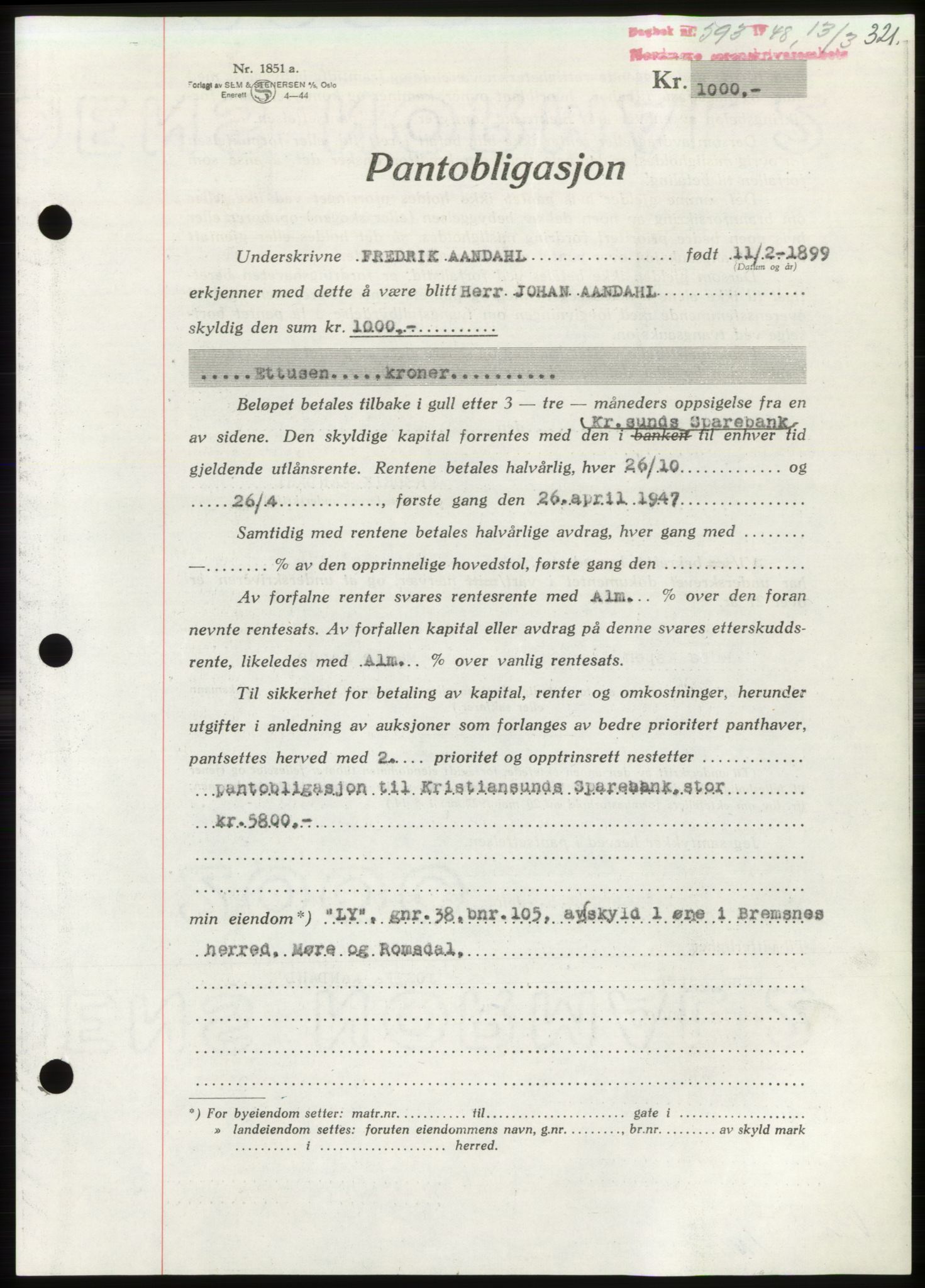 Nordmøre sorenskriveri, AV/SAT-A-4132/1/2/2Ca: Mortgage book no. B98, 1948-1948, Diary no: : 593/1948