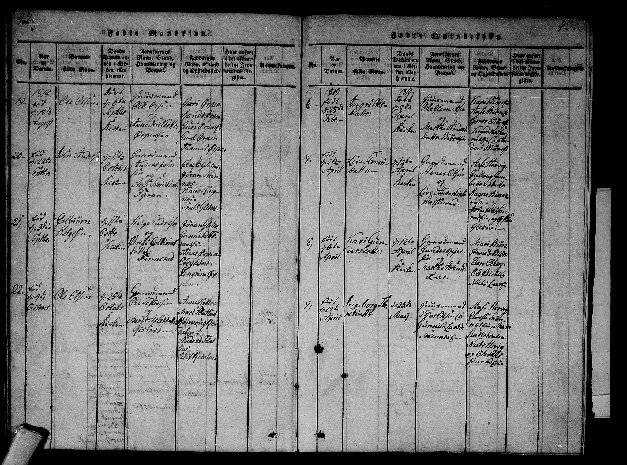 Krødsherad kirkebøker, AV/SAKO-A-19/F/Fa/L0001: Parish register (official) no. 1, 1815-1829, p. 42-43