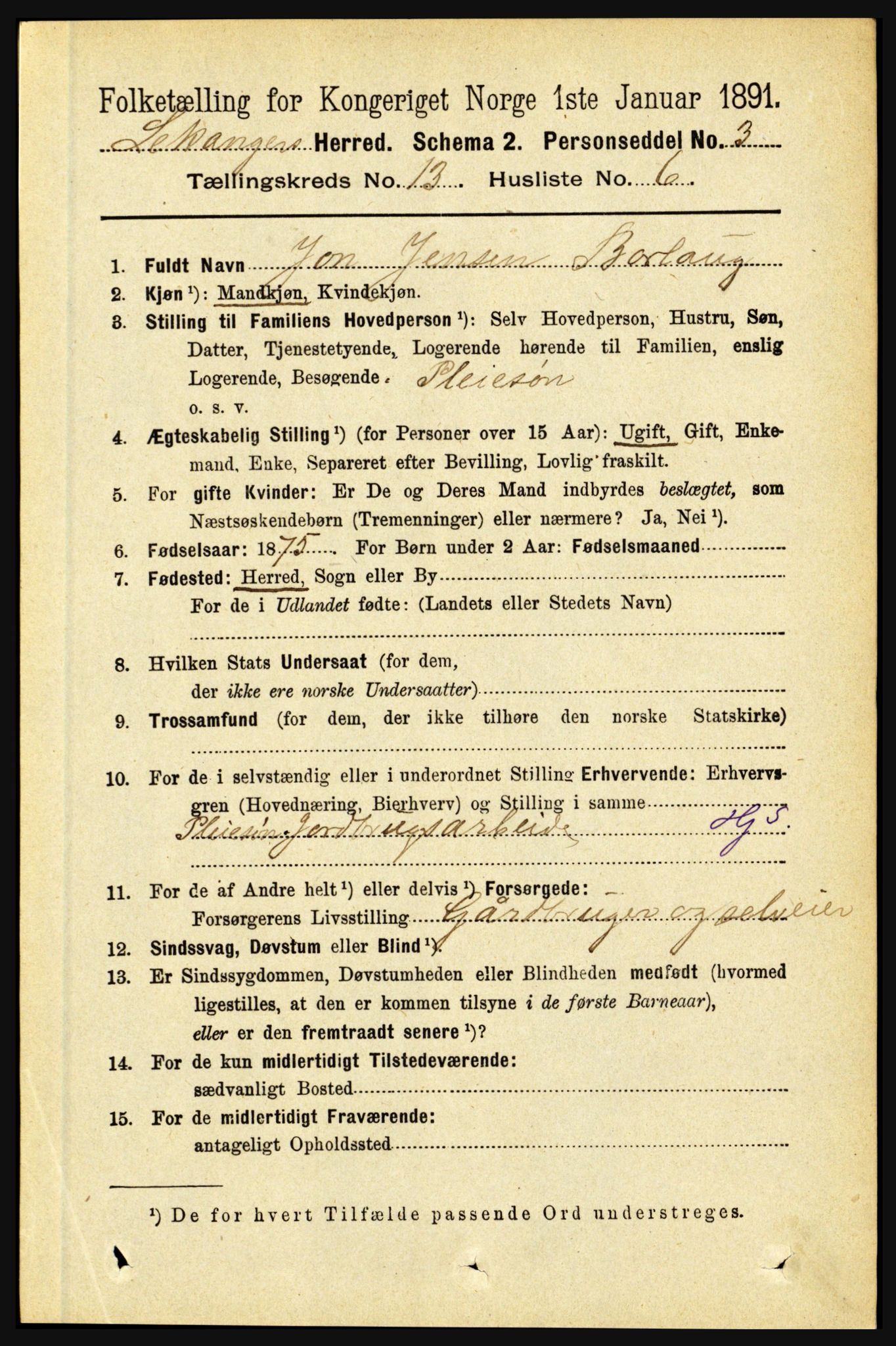 RA, 1891 census for 1419 Leikanger, 1891, p. 2489