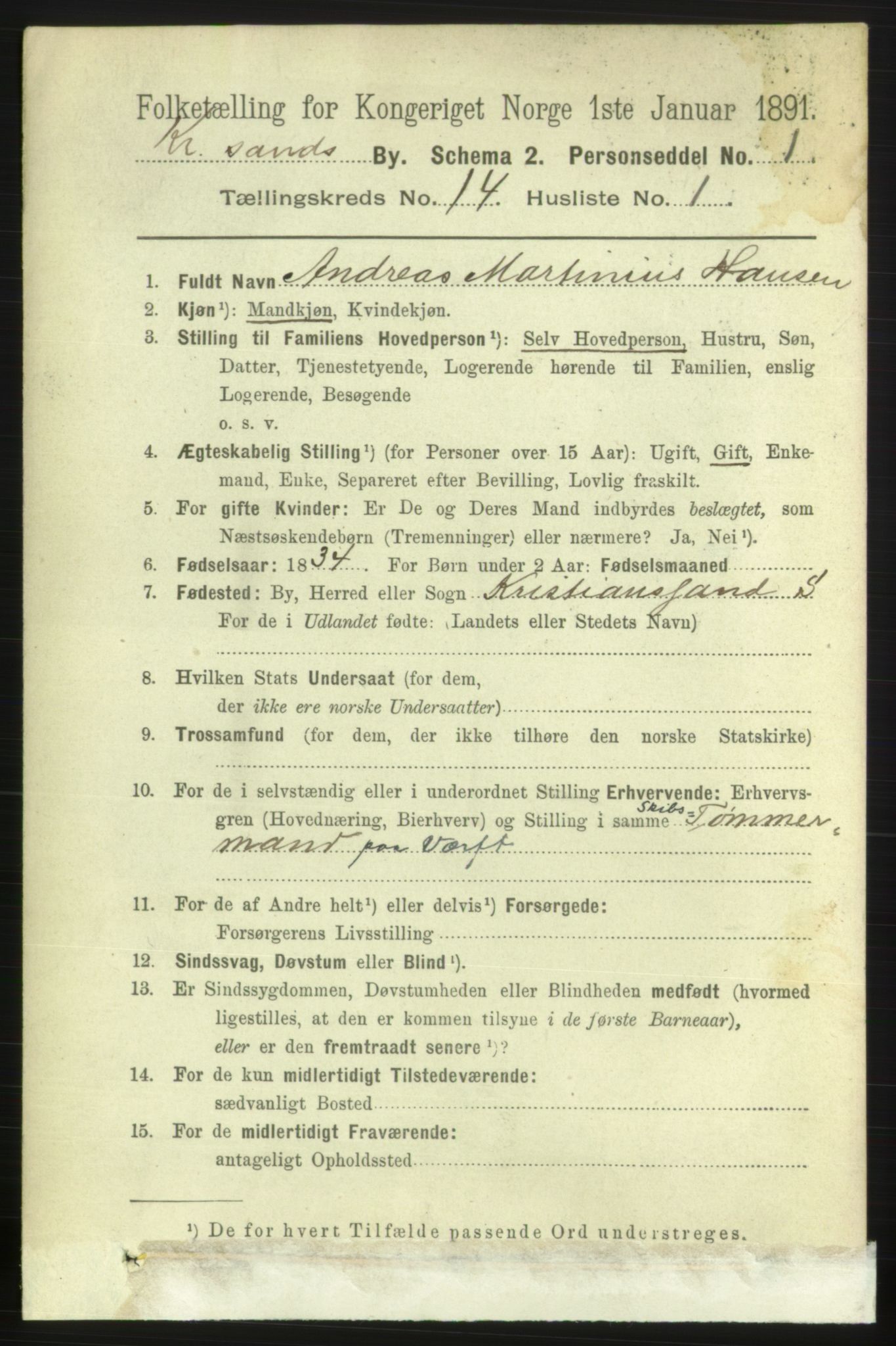 RA, 1891 census for 1001 Kristiansand, 1891, p. 6168