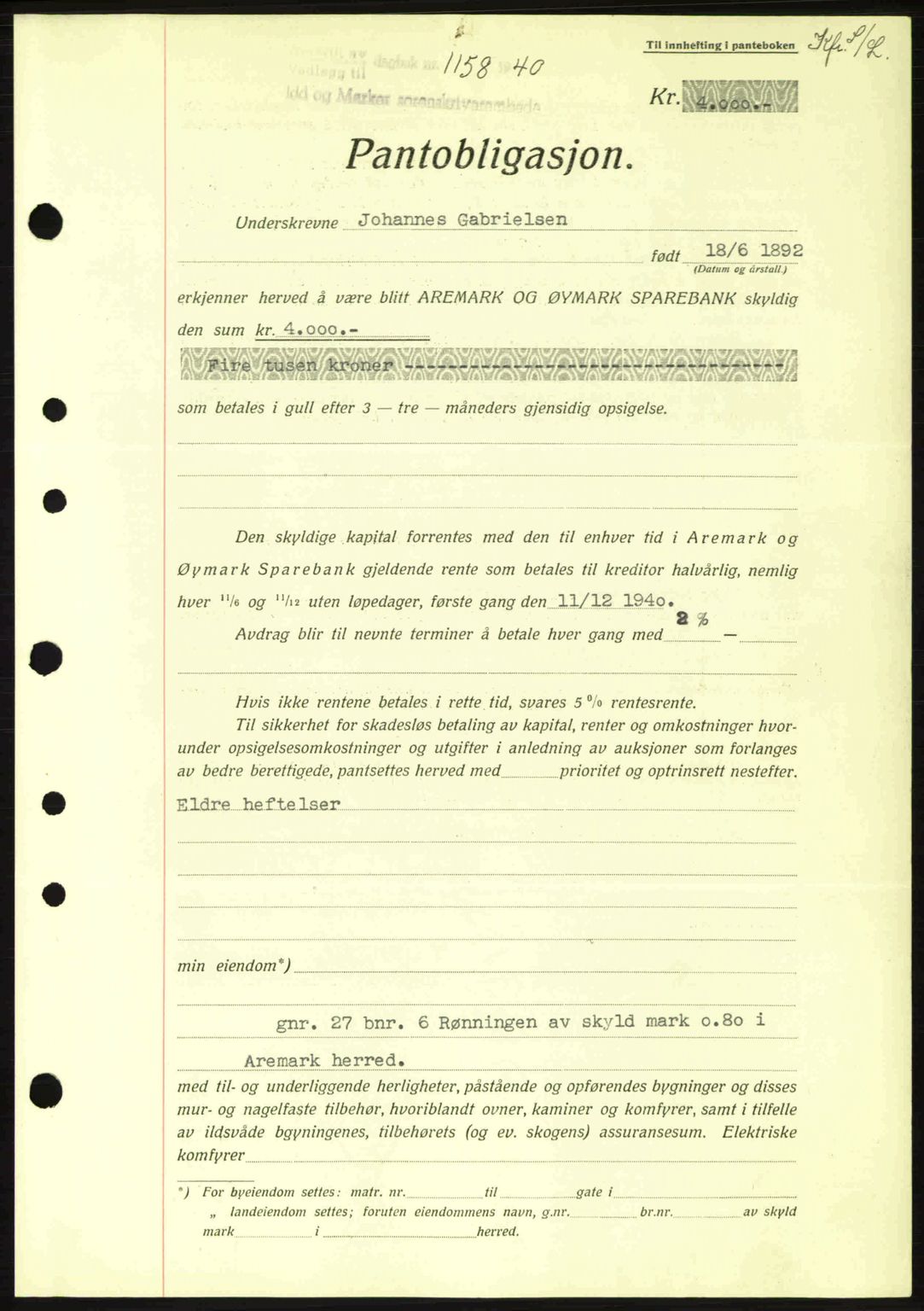 Idd og Marker sorenskriveri, AV/SAO-A-10283/G/Gb/Gbc/L0002: Mortgage book no. B4-9a, 1939-1945, Diary no: : 1158/1940