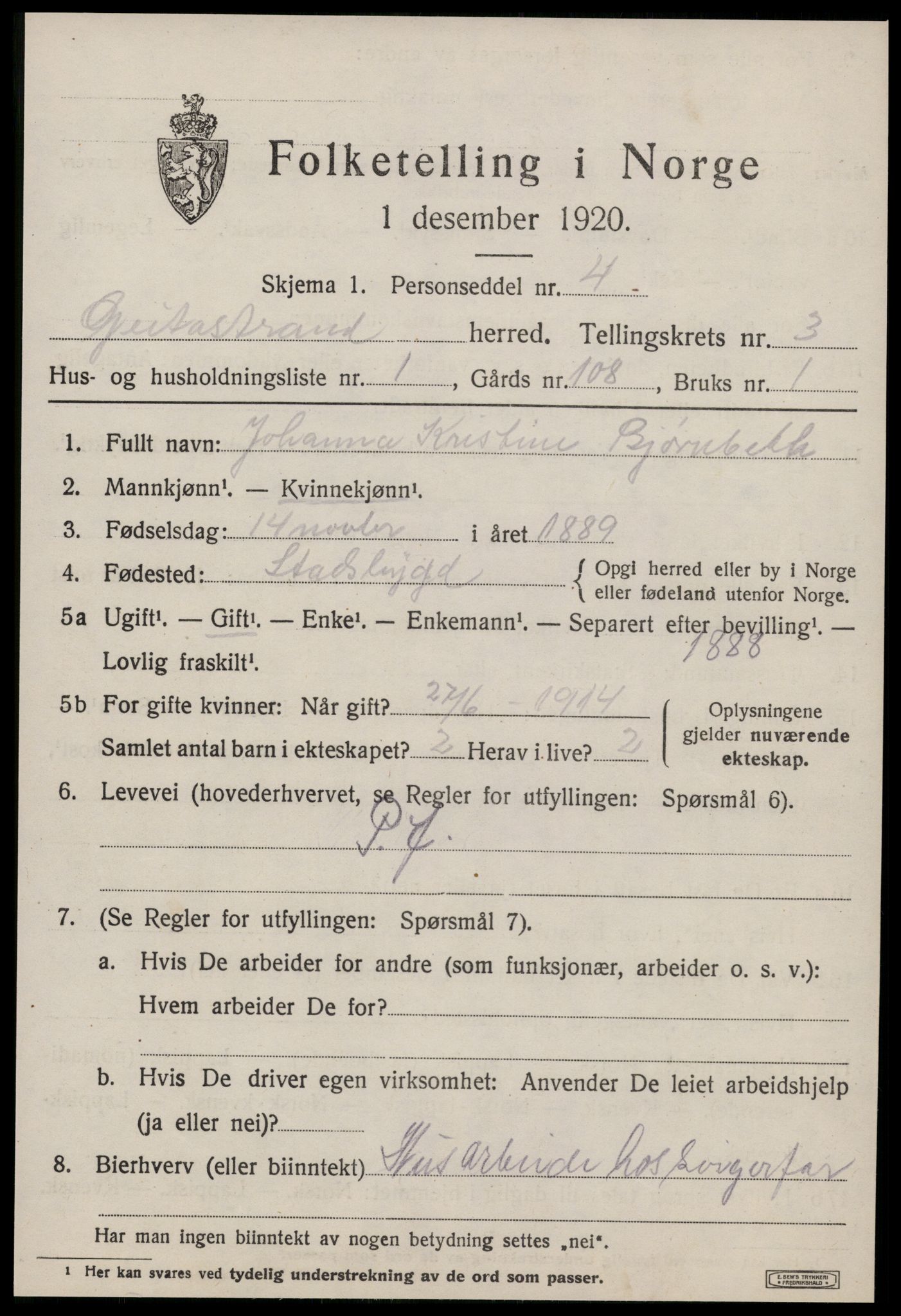 SAT, 1920 census for Geitastrand, 1920, p. 1307