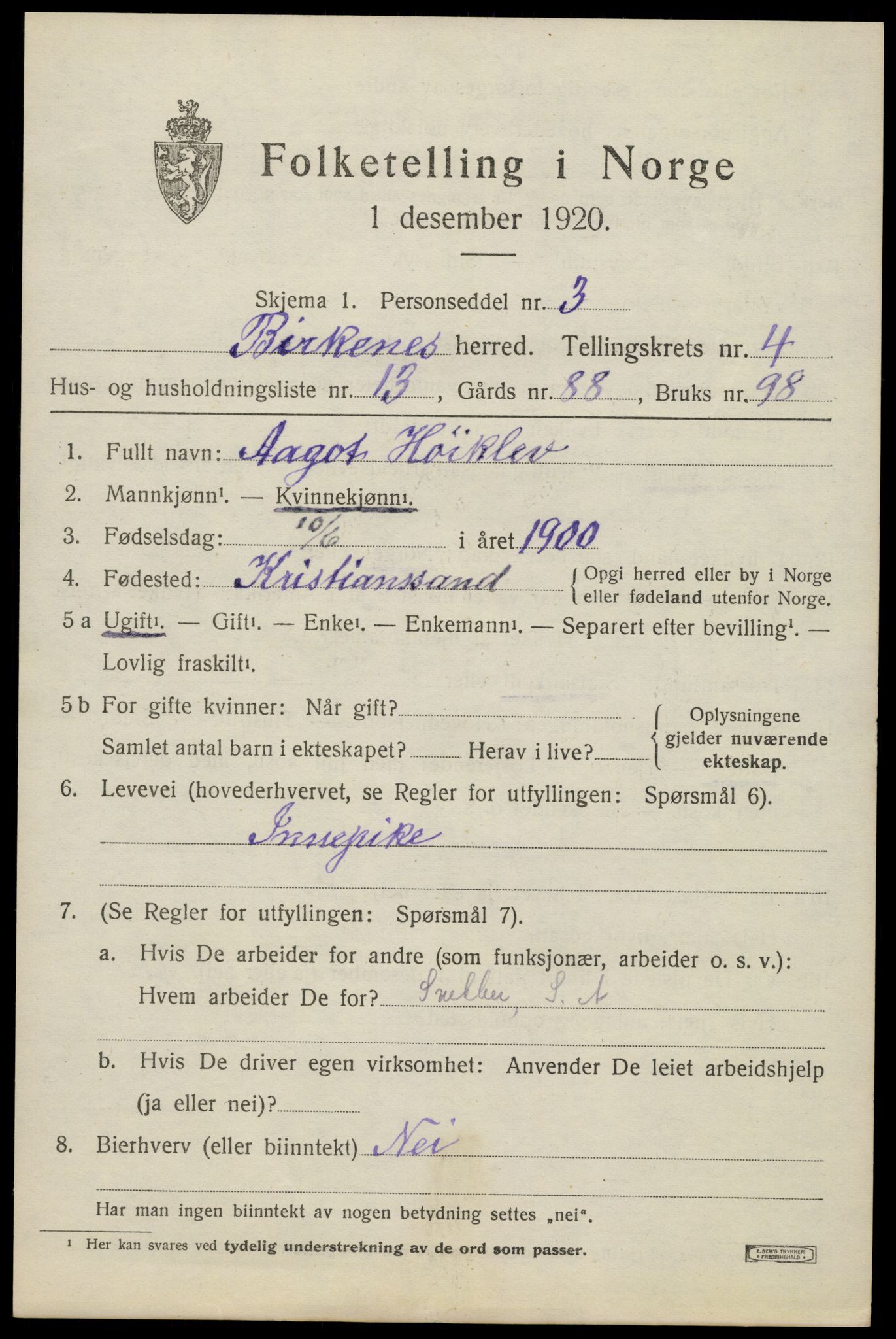 SAK, 1920 census for Birkenes, 1920, p. 1923