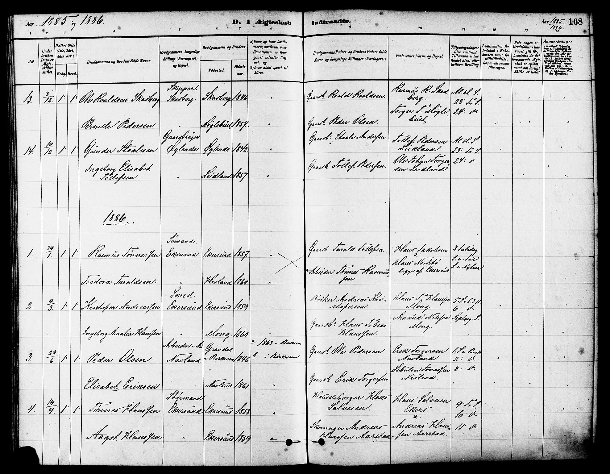 Eigersund sokneprestkontor, SAST/A-101807/S08/L0017: Parish register (official) no. A 14, 1879-1892, p. 168