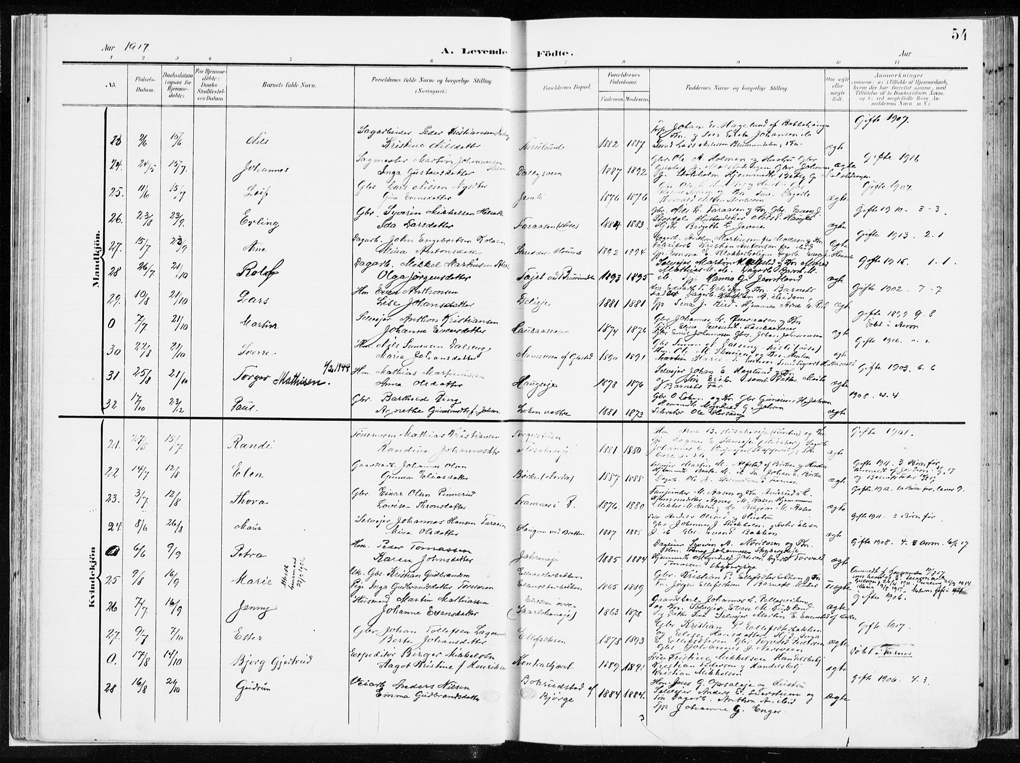 Ringsaker prestekontor, AV/SAH-PREST-014/K/Ka/L0019: Parish register (official) no. 19, 1905-1920, p. 54