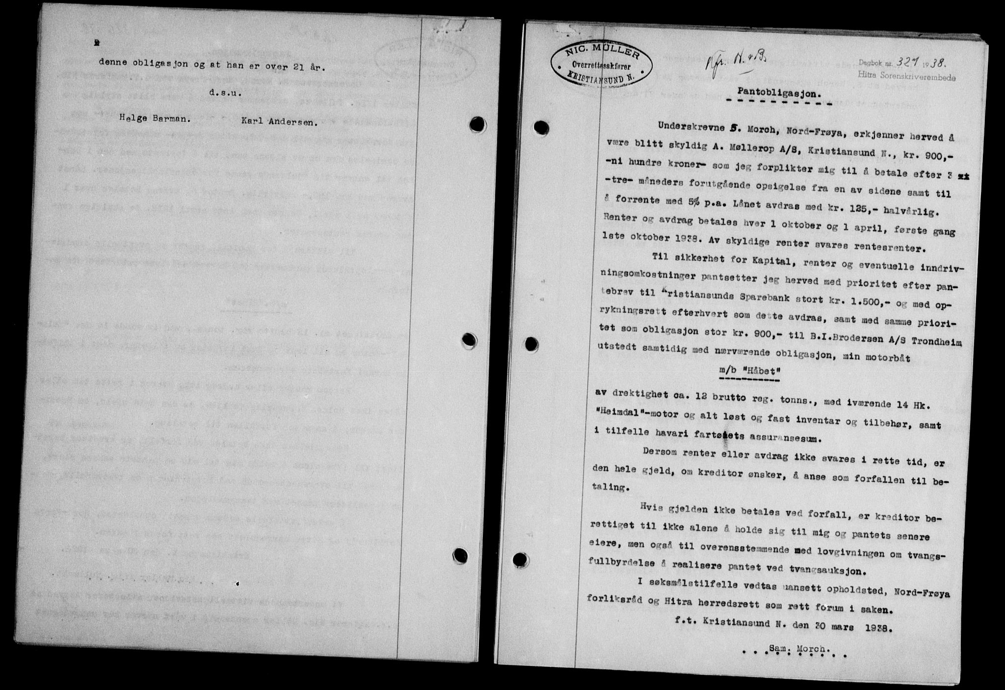 Hitra sorenskriveri, AV/SAT-A-0018/2/2C/2Ca/L0028: Mortgage book no. B-1, 1936-1939, Diary no: : 327/1938