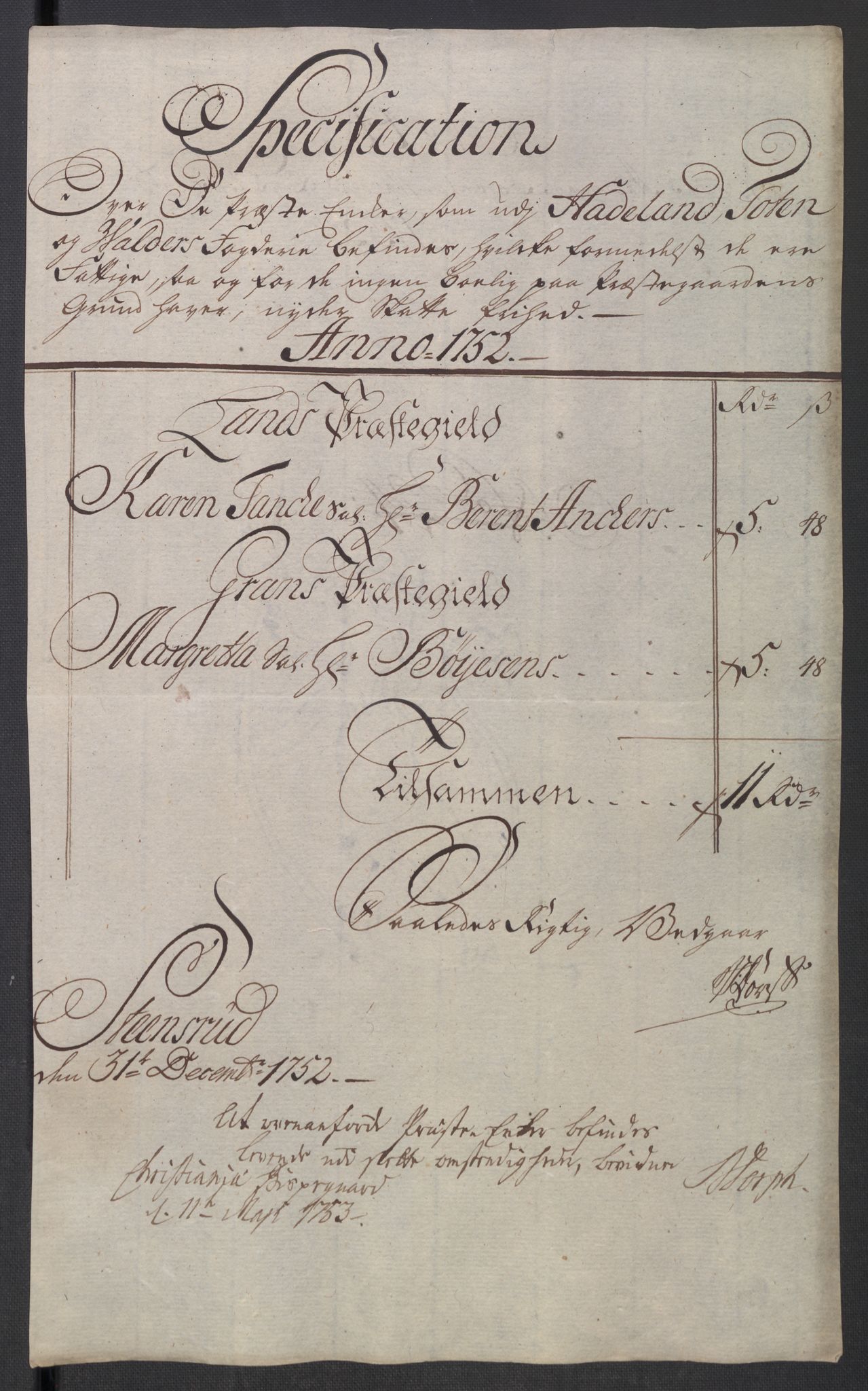 Rentekammeret inntil 1814, Reviderte regnskaper, Fogderegnskap, AV/RA-EA-4092/R18/L1349: Fogderegnskap Hadeland, Toten og Valdres, 1752-1753, p. 197