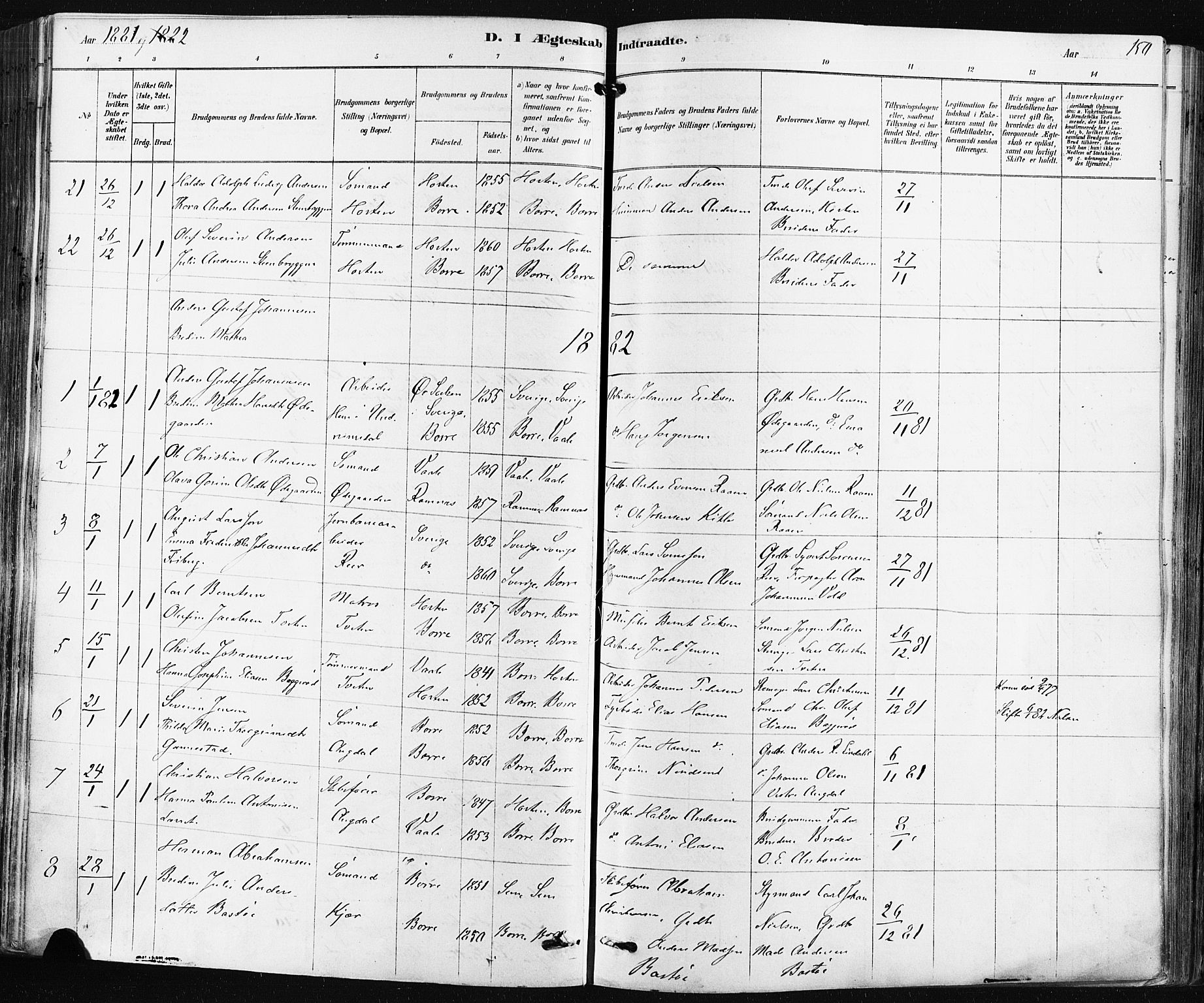 Borre kirkebøker, SAKO/A-338/F/Fa/L0009: Parish register (official) no. I 9, 1878-1896, p. 150