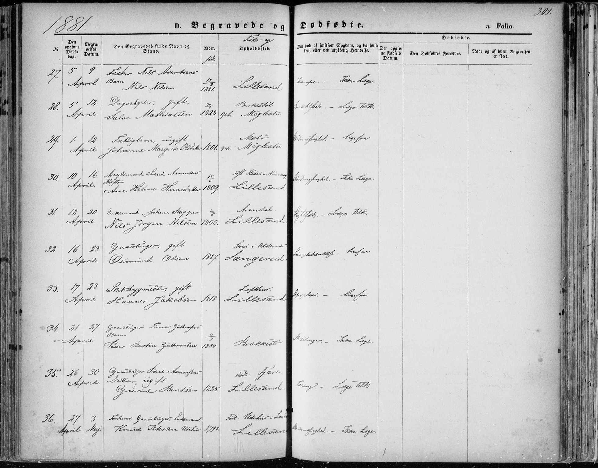 Vestre Moland sokneprestkontor, AV/SAK-1111-0046/F/Fa/Fab/L0008: Parish register (official) no. A 8, 1873-1883, p. 301