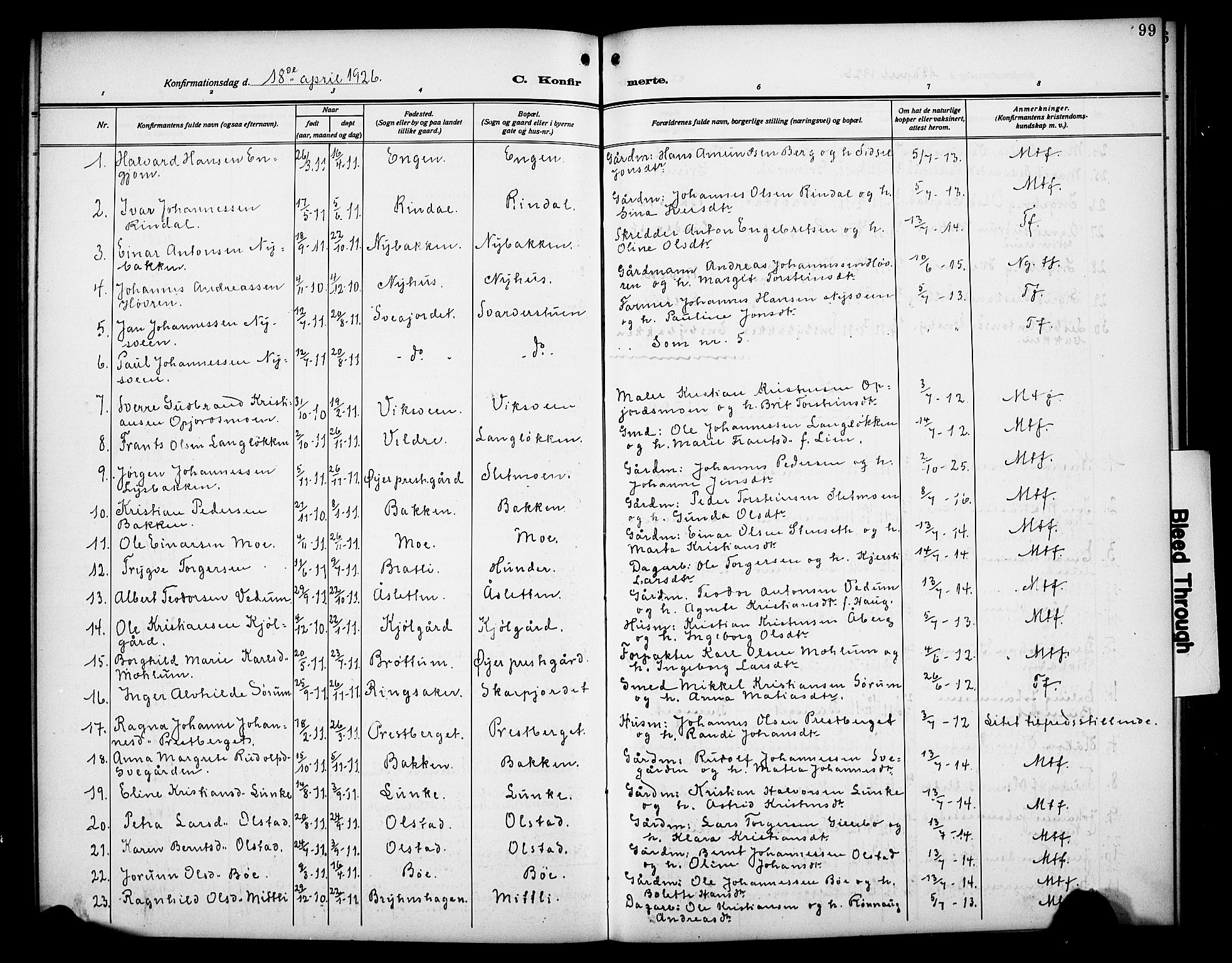 Øyer prestekontor, AV/SAH-PREST-084/H/Ha/Hab/L0007: Parish register (copy) no. 7, 1913-1928, p. 99