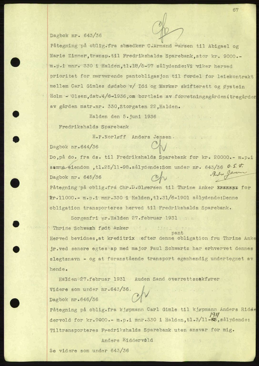 Idd og Marker sorenskriveri, AV/SAO-A-10283/G/Gb/Gbc/L0001: Mortgage book no. B1-3, 1936-1939, Diary no: : 643/1936